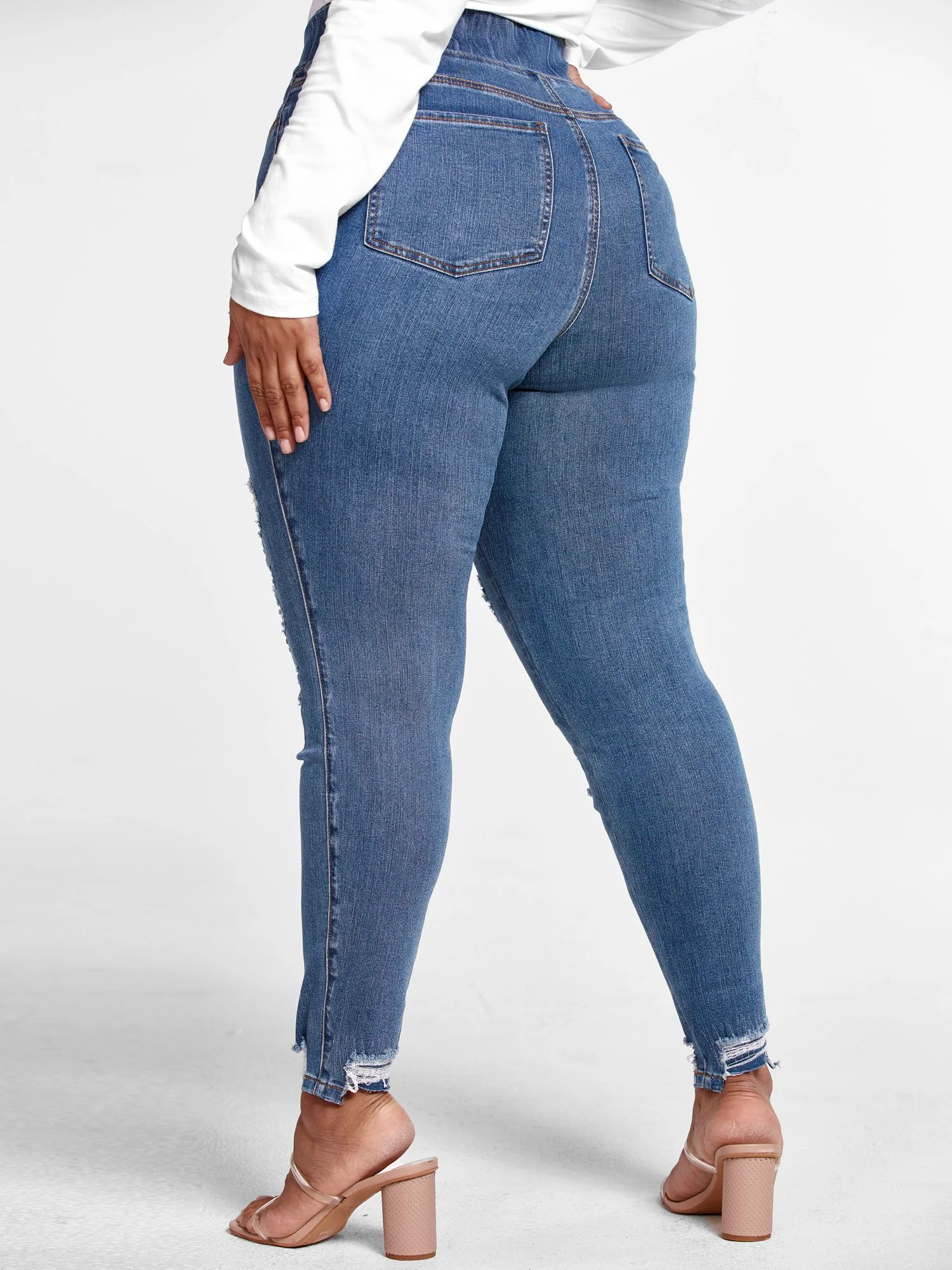 High Rise Medium Wash Destructed Jeggings - Short Inseam - Image 3