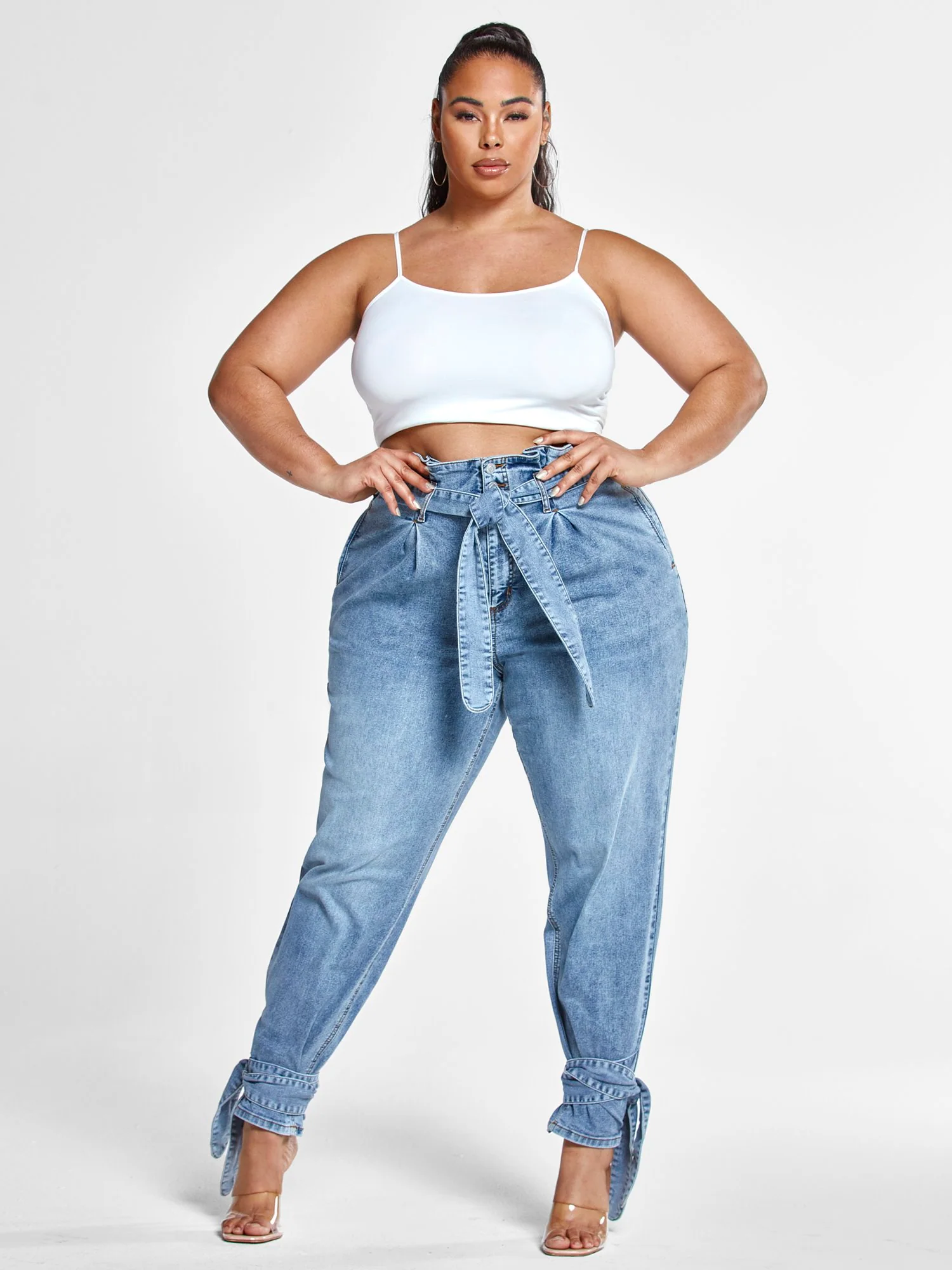 High Rise Paperbag Waist Jeans with Ankle Ties - Short Inseam - Image 2