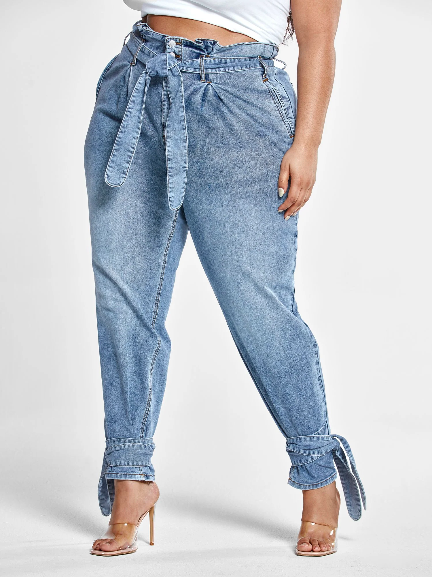 High Rise Paperbag Waist Jeans with Ankle Ties - Short Inseam - Image 4