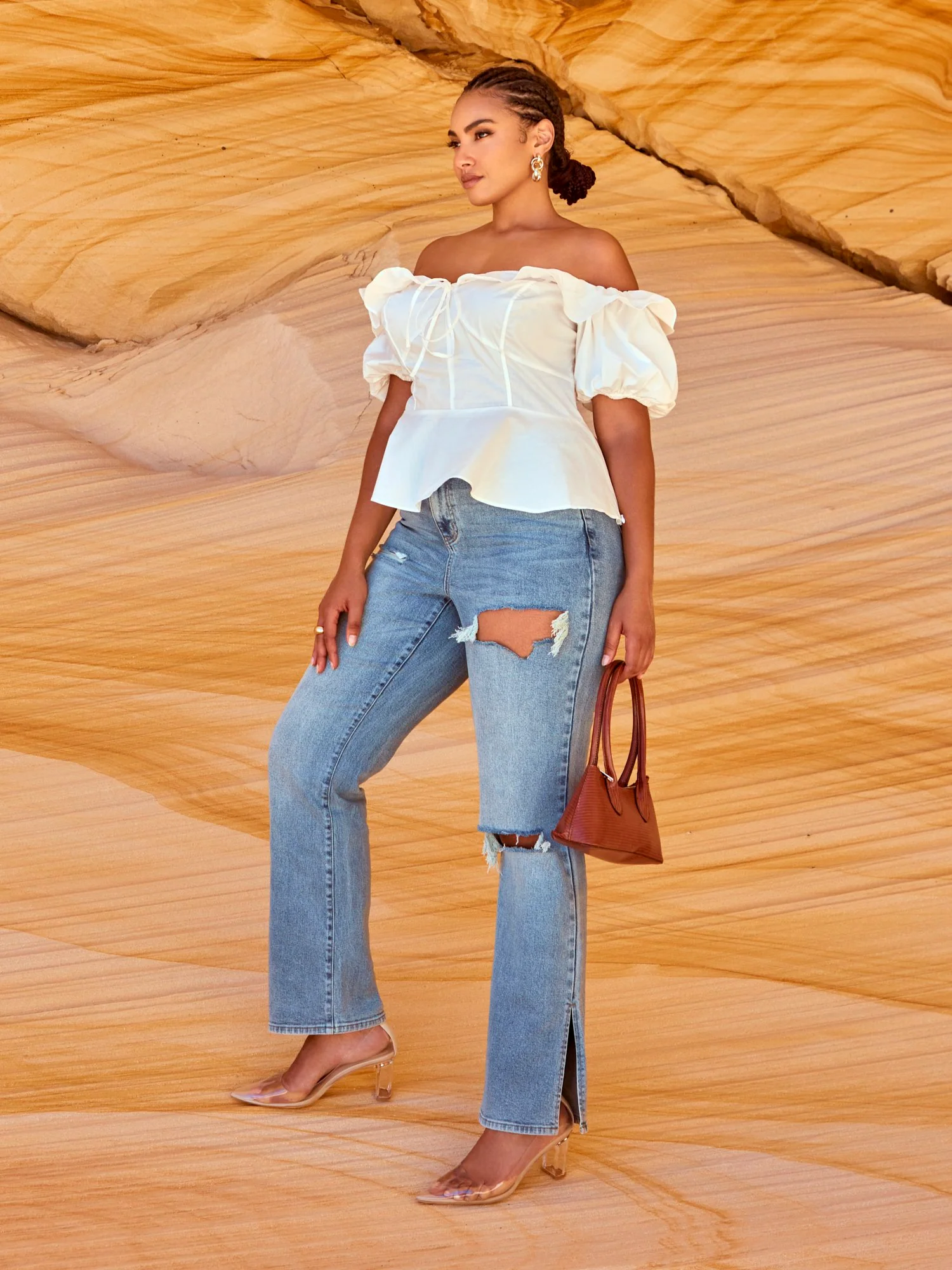 High Rise Relaxed Destructed Split Hem Jeans - Image 2