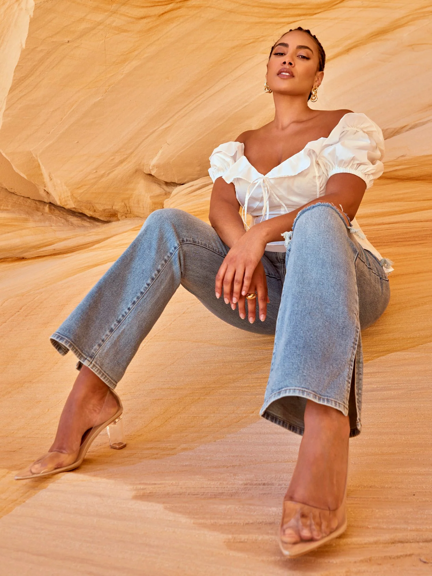 High Rise Relaxed Destructed Split Hem Jeans - Image 3