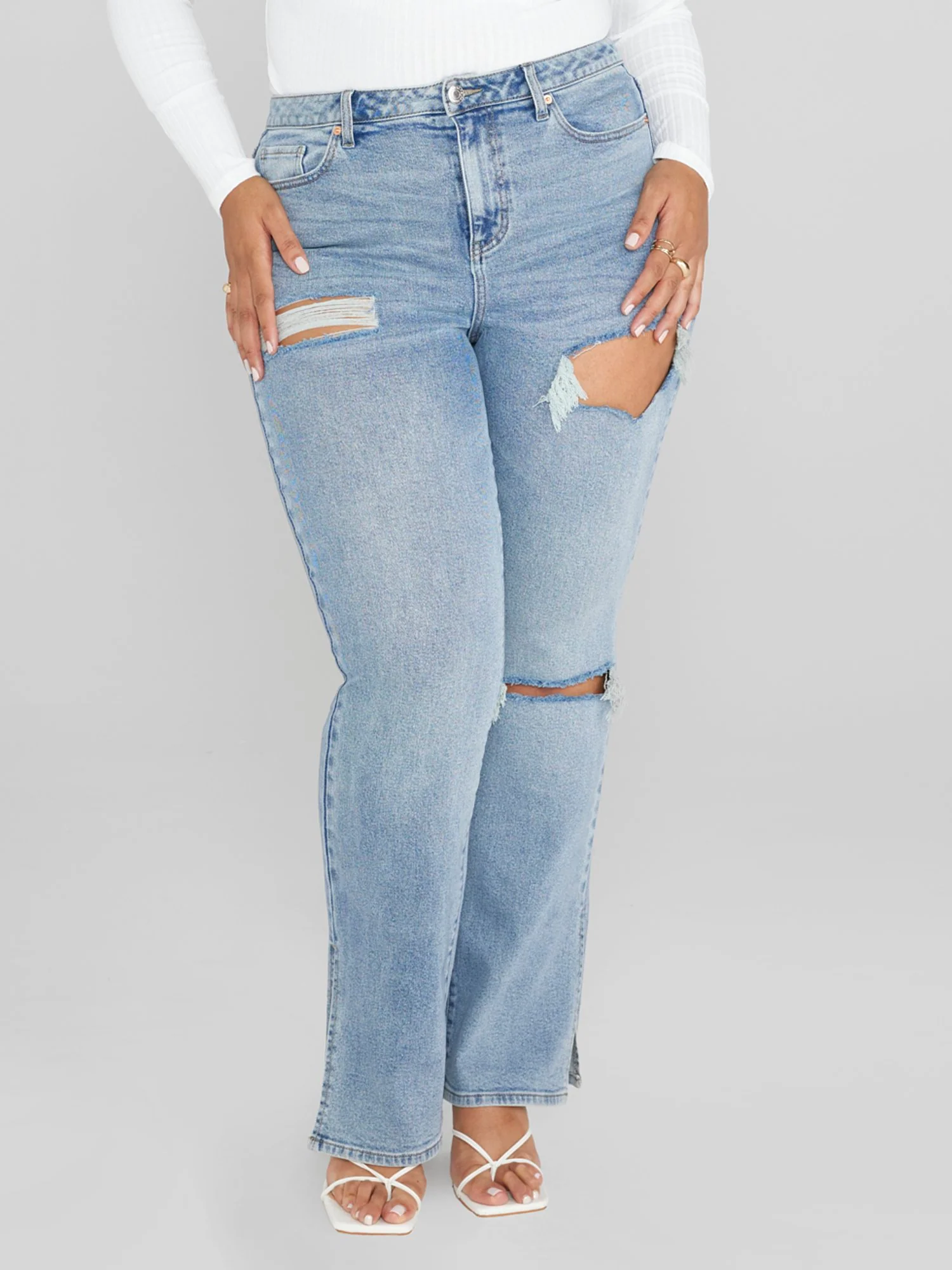 High Rise Relaxed Destructed Split Hem Jeans - Image 4