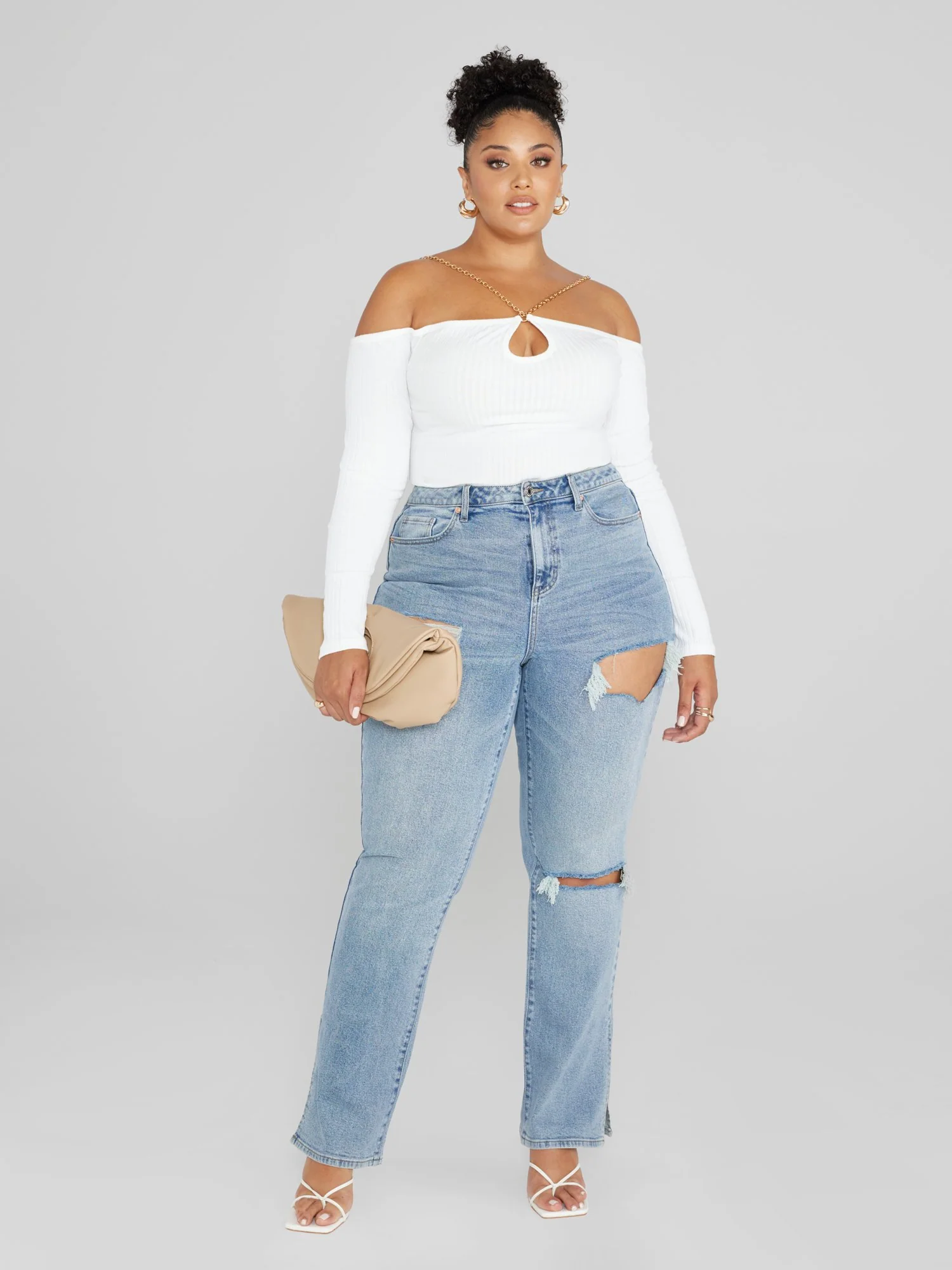 High Rise Relaxed Destructed Split Hem Jeans - Image 5