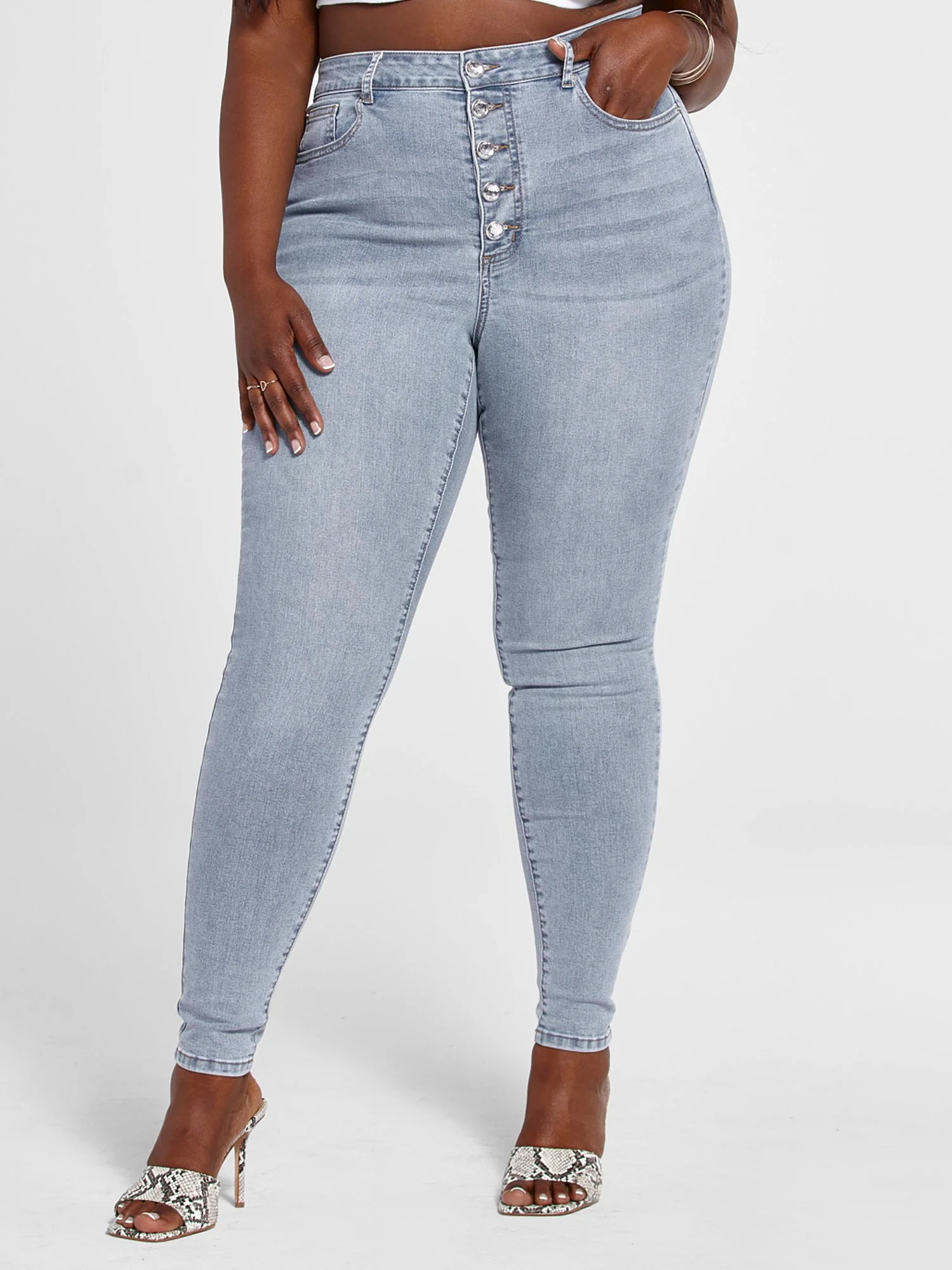 High Rise Rhinestone Button Fly Skinny Jeans - Image 2