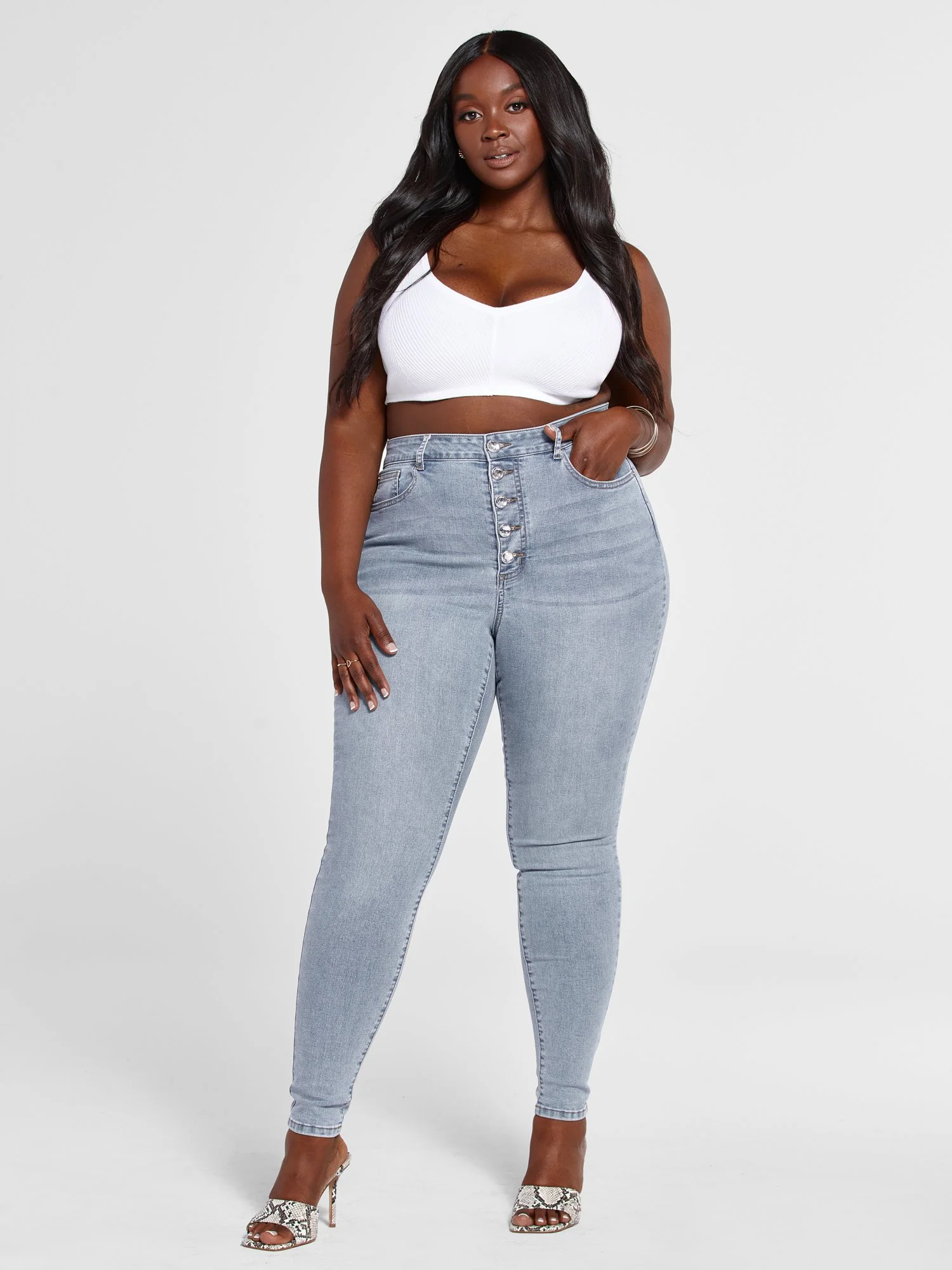 High Rise Rhinestone Button Fly Skinny Jeans - Image 3