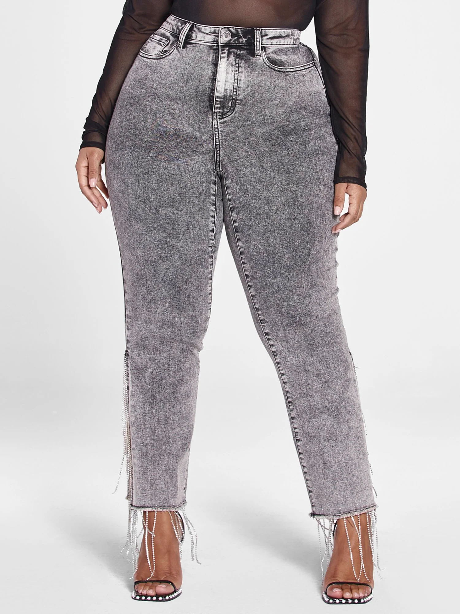 High Rise Rhinestone Fringe Detail Straight Leg Jeans - Image 2