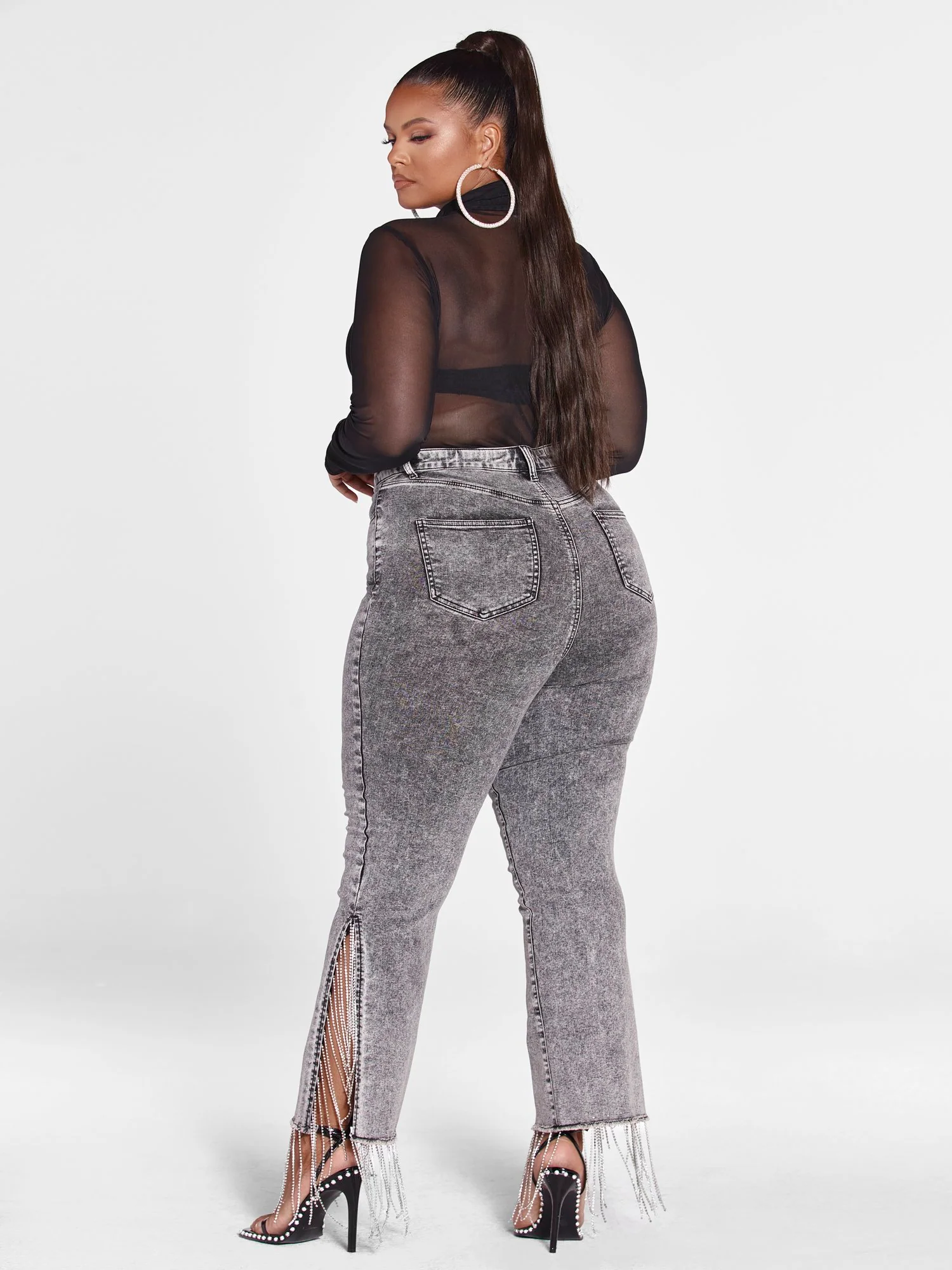 High Rise Rhinestone Fringe Detail Straight Leg Jeans - Image 4