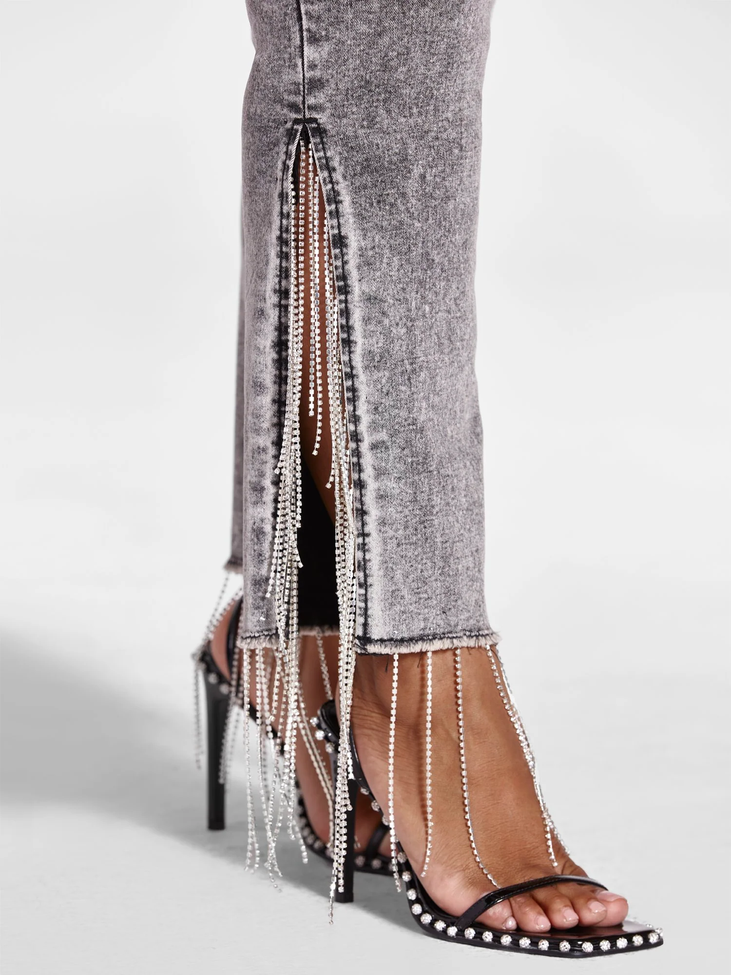 High Rise Rhinestone Fringe Detail Straight Leg Jeans - Image 5