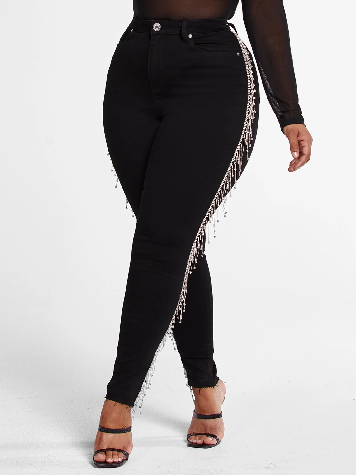 High Rise Rhinestone Fringe Jeans - Image 2