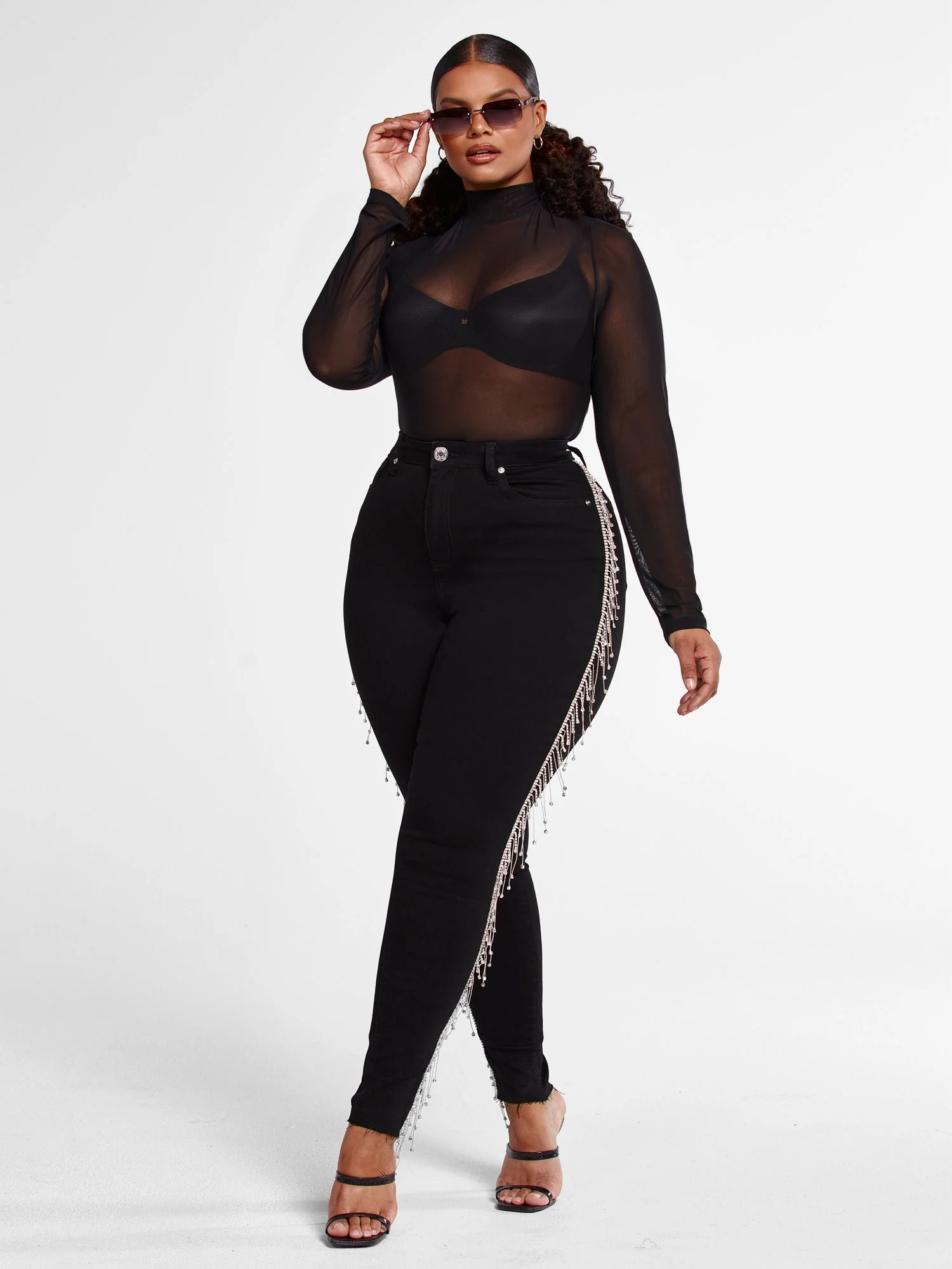 High Rise Rhinestone Fringe Jeans - Image 5