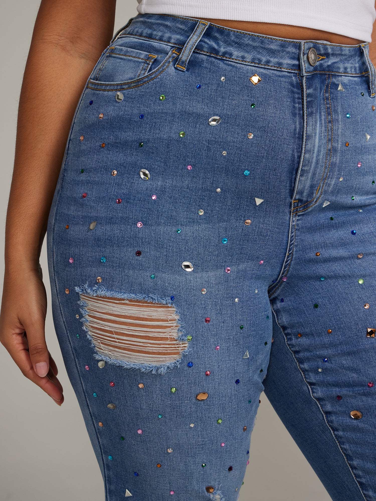 High Rise Rhinestone Straight Leg Jeans - Image 4