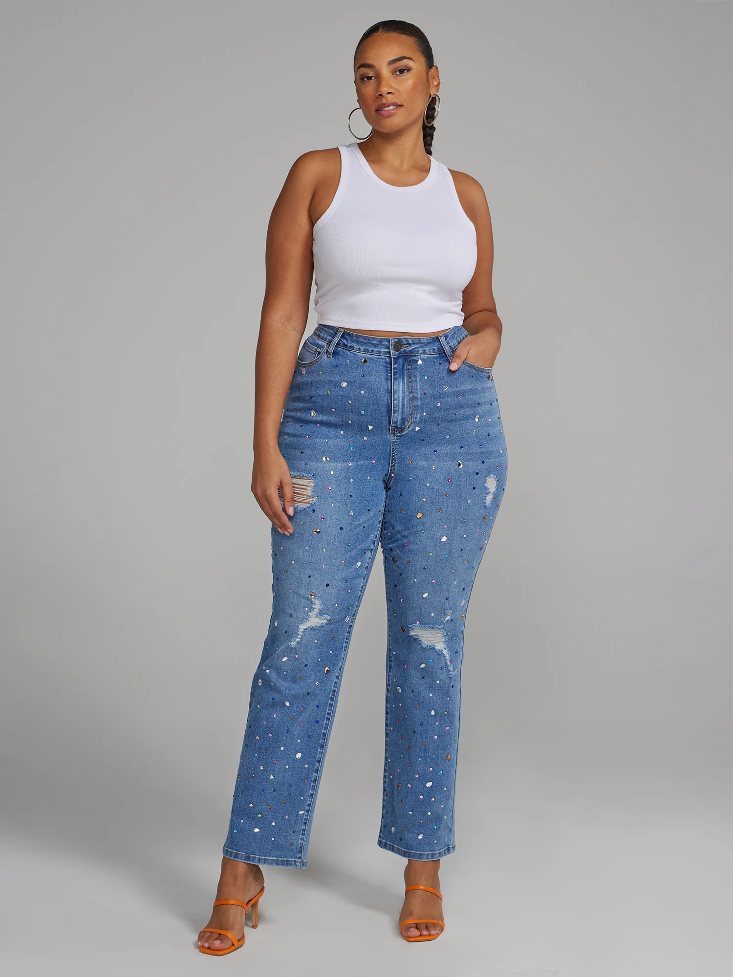 High Rise Rhinestone Straight Leg Jeans - Image 5