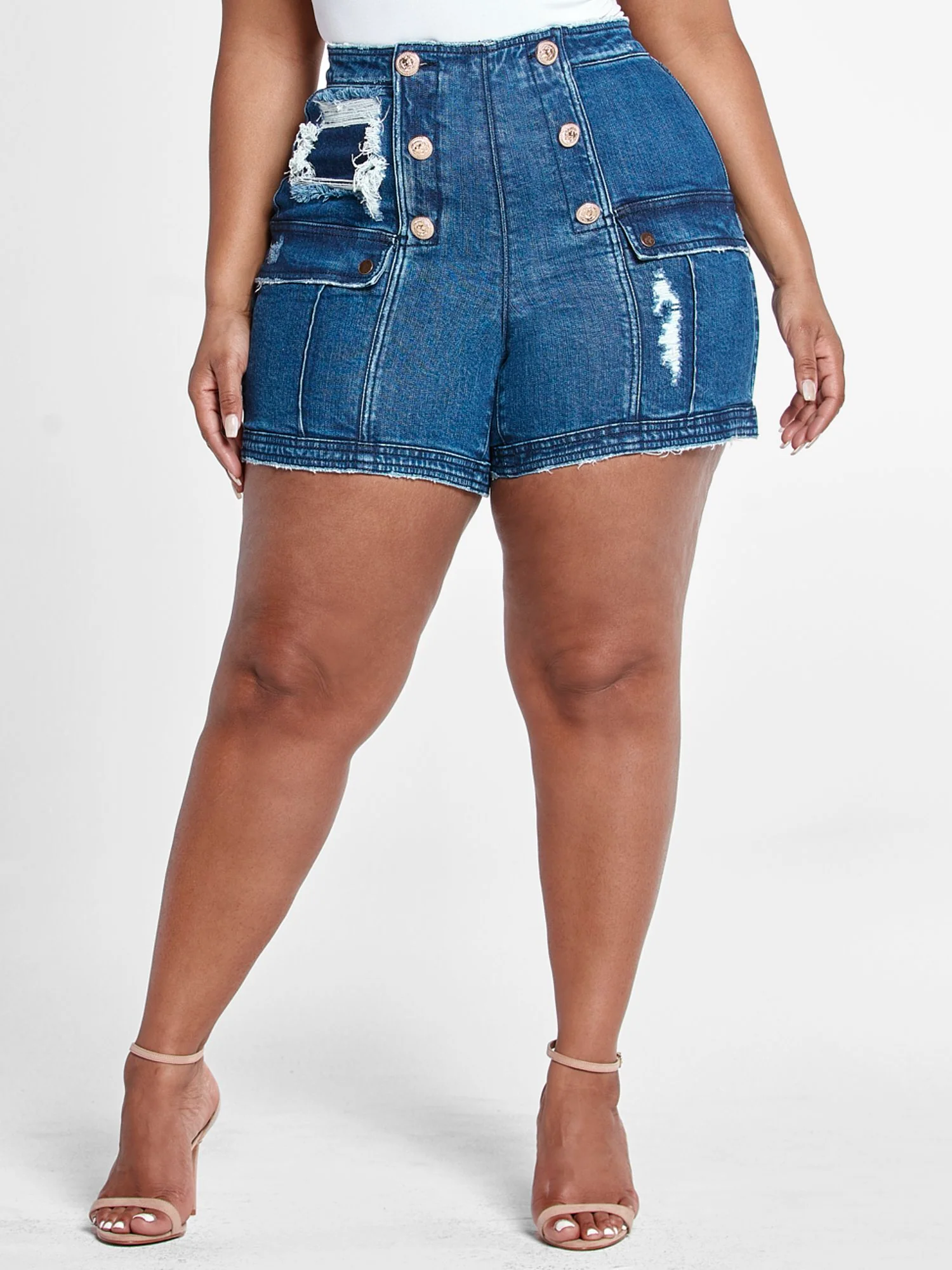 High Rise Sailor Button Denim Shorts - Image 2