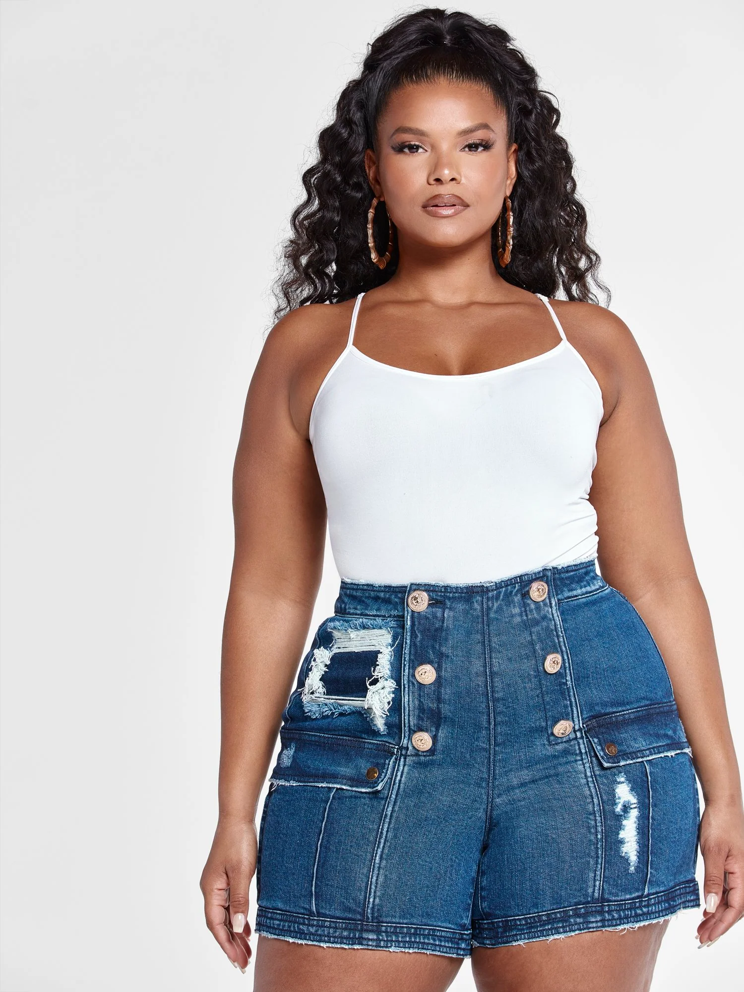 High Rise Sailor Button Denim Shorts - Image 4