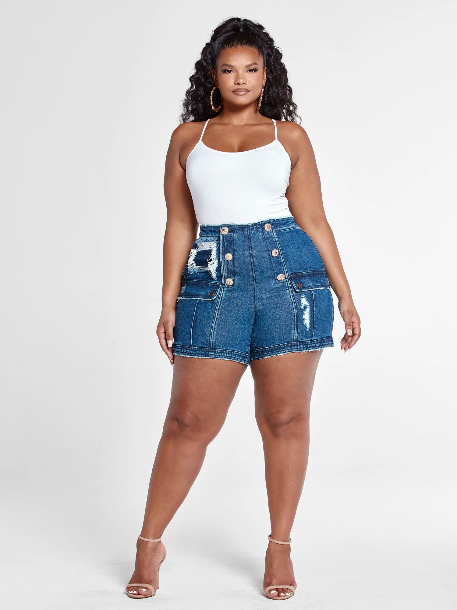 High Rise Sailor Button Denim Shorts - Image 5