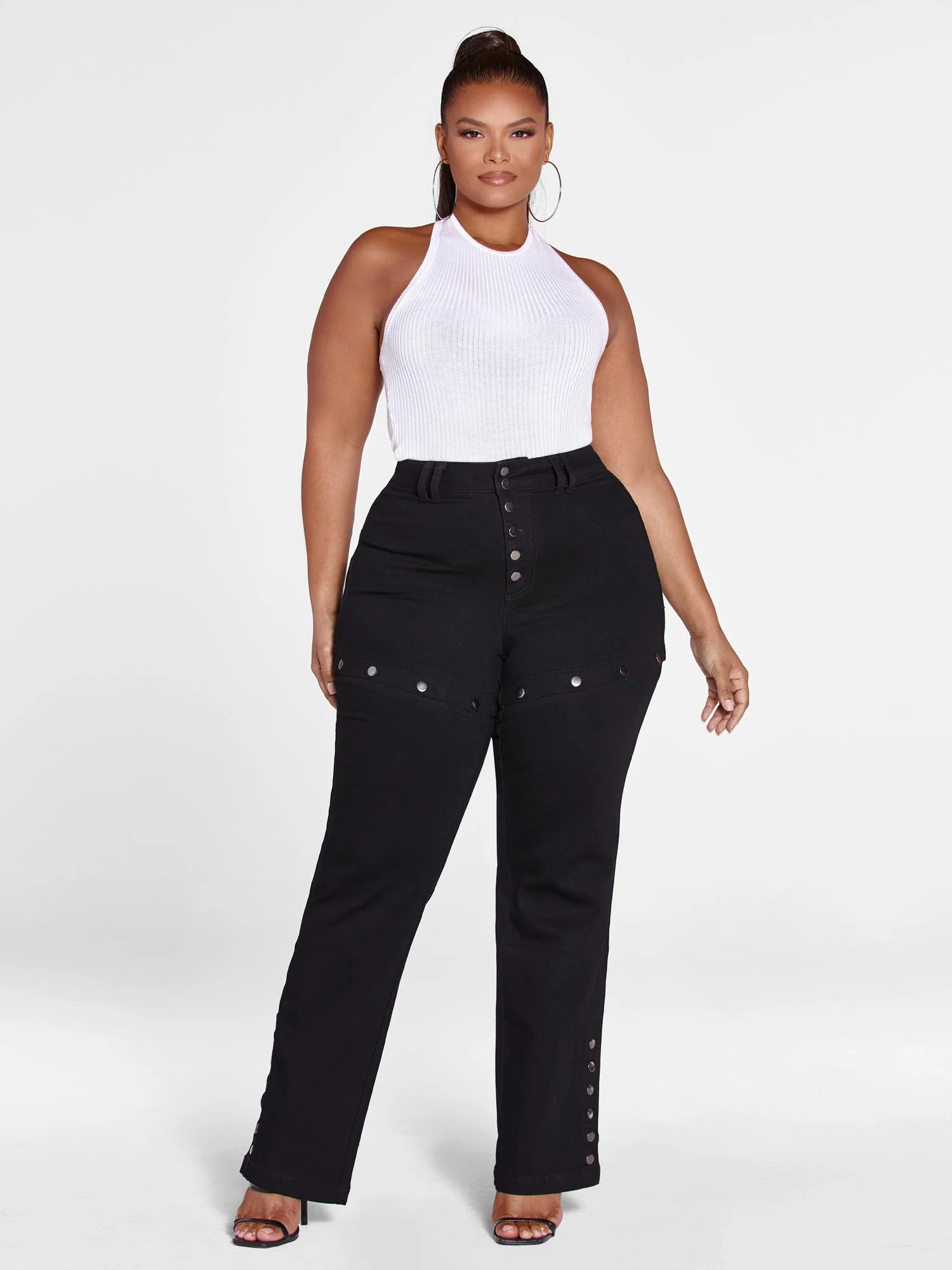 High Rise Snap Button Straight Leg Jeans - Image 3