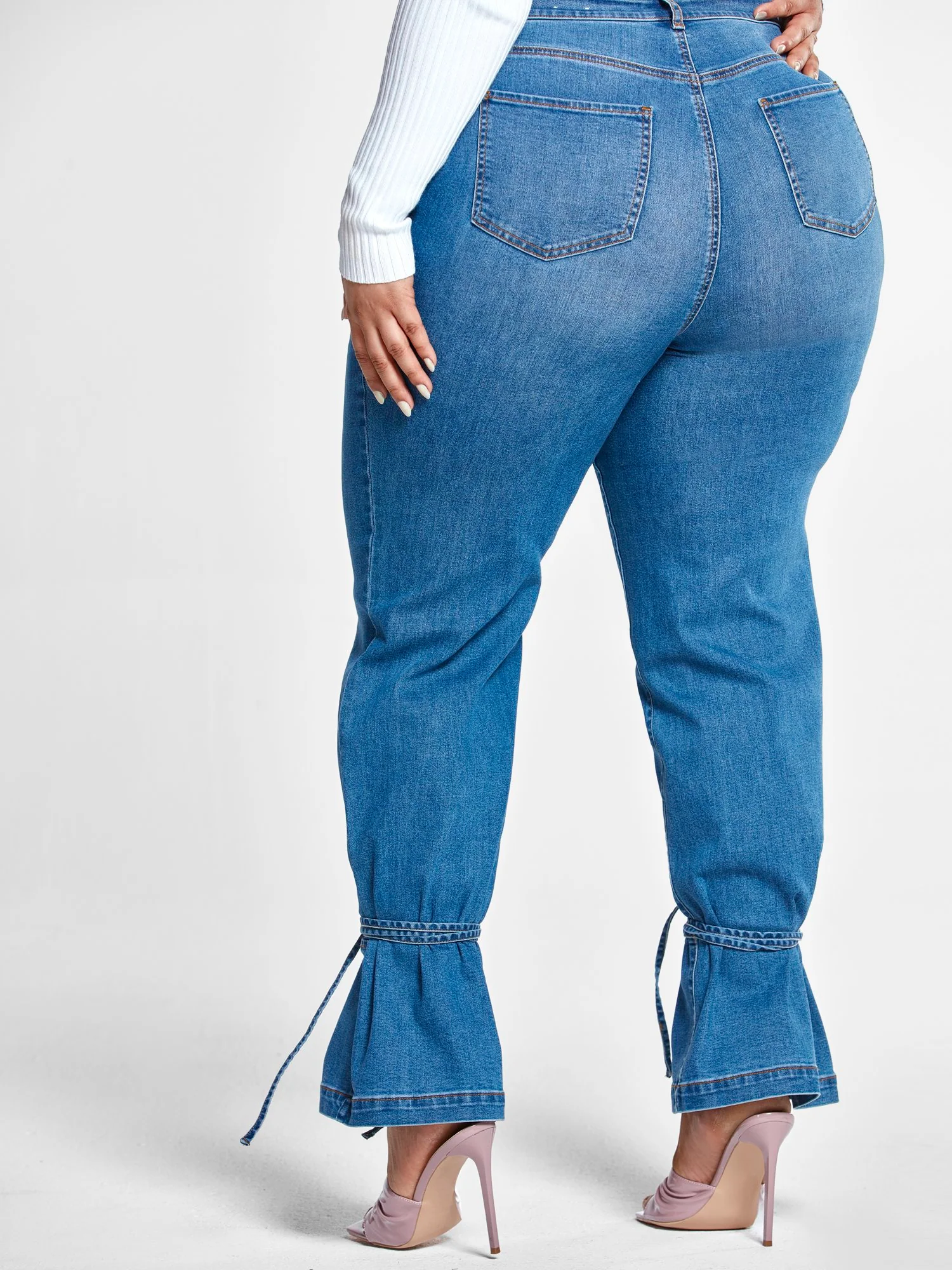 High Rise Straight Leg Jeans with Ankle Ties - Short Inseam - Image 3