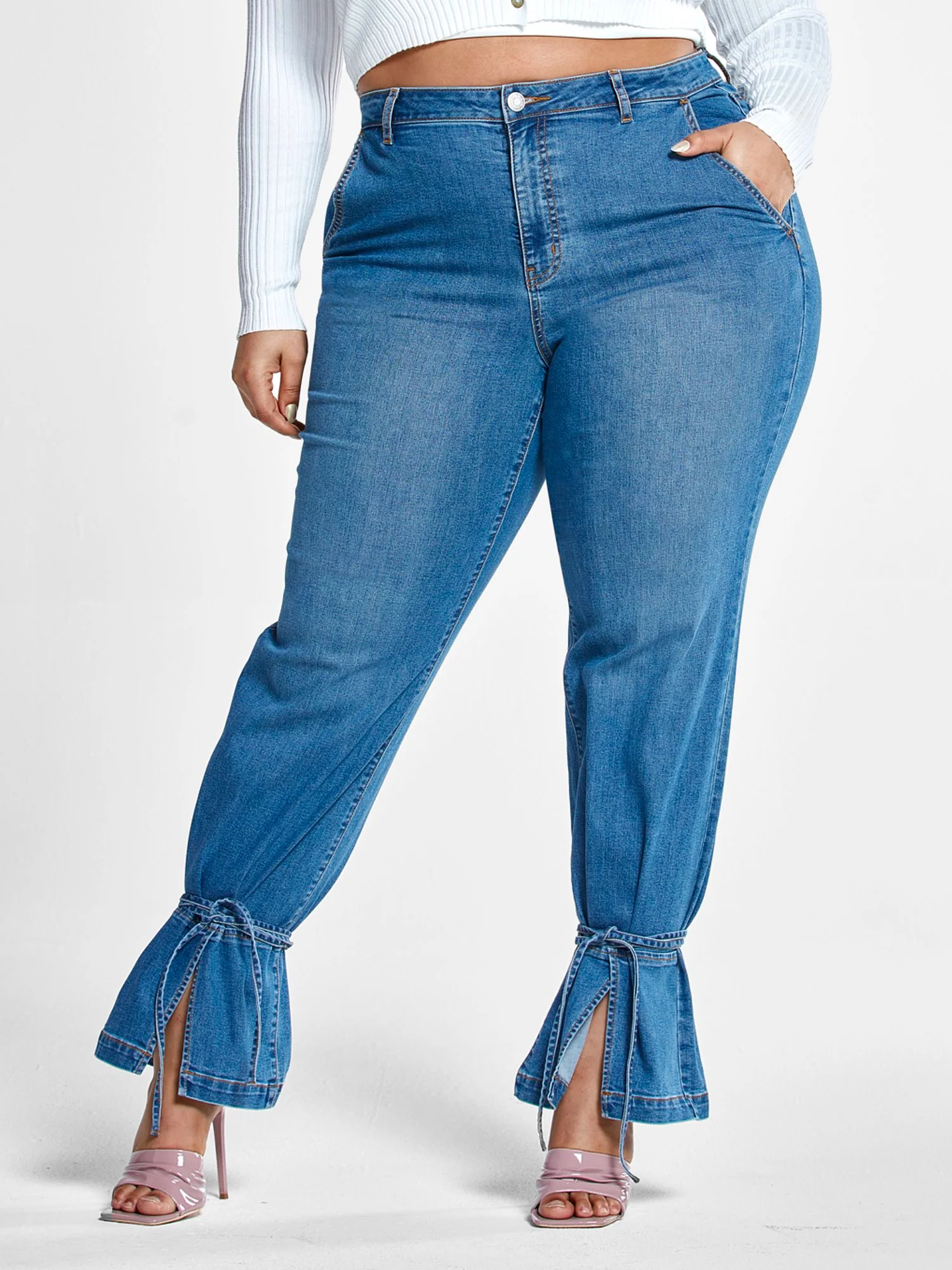 High Rise Straight Leg Jeans with Ankle Ties - Tall Inseam - Image 2