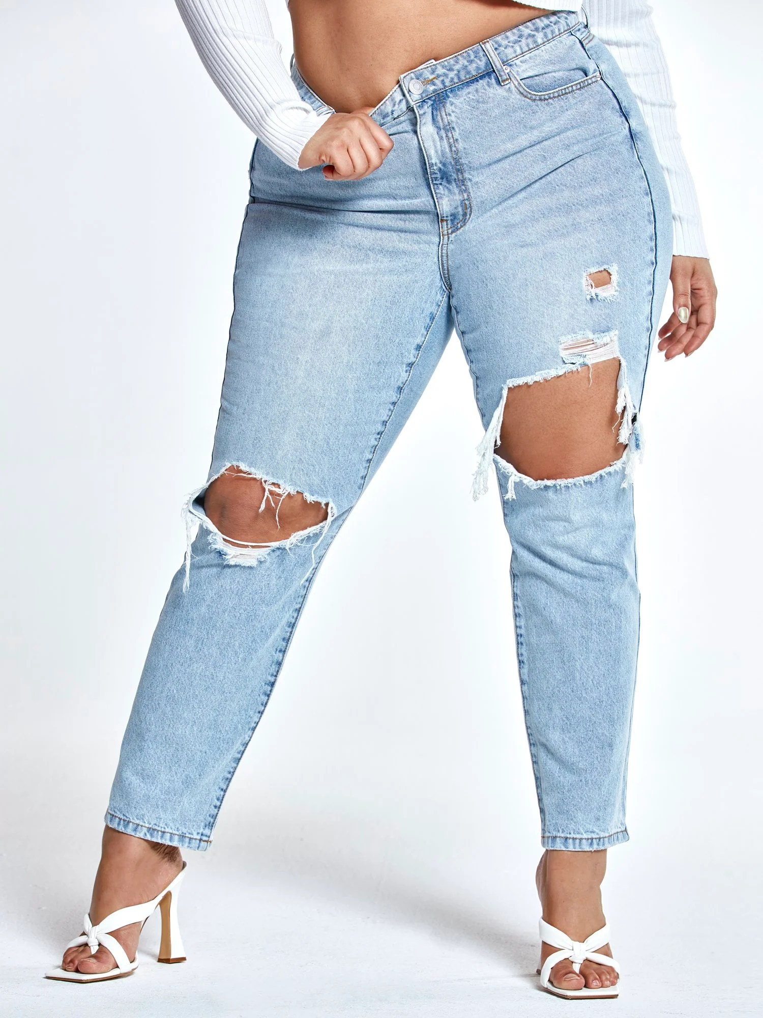High Rise Straight Leg Jeans with Cutouts - Image 2