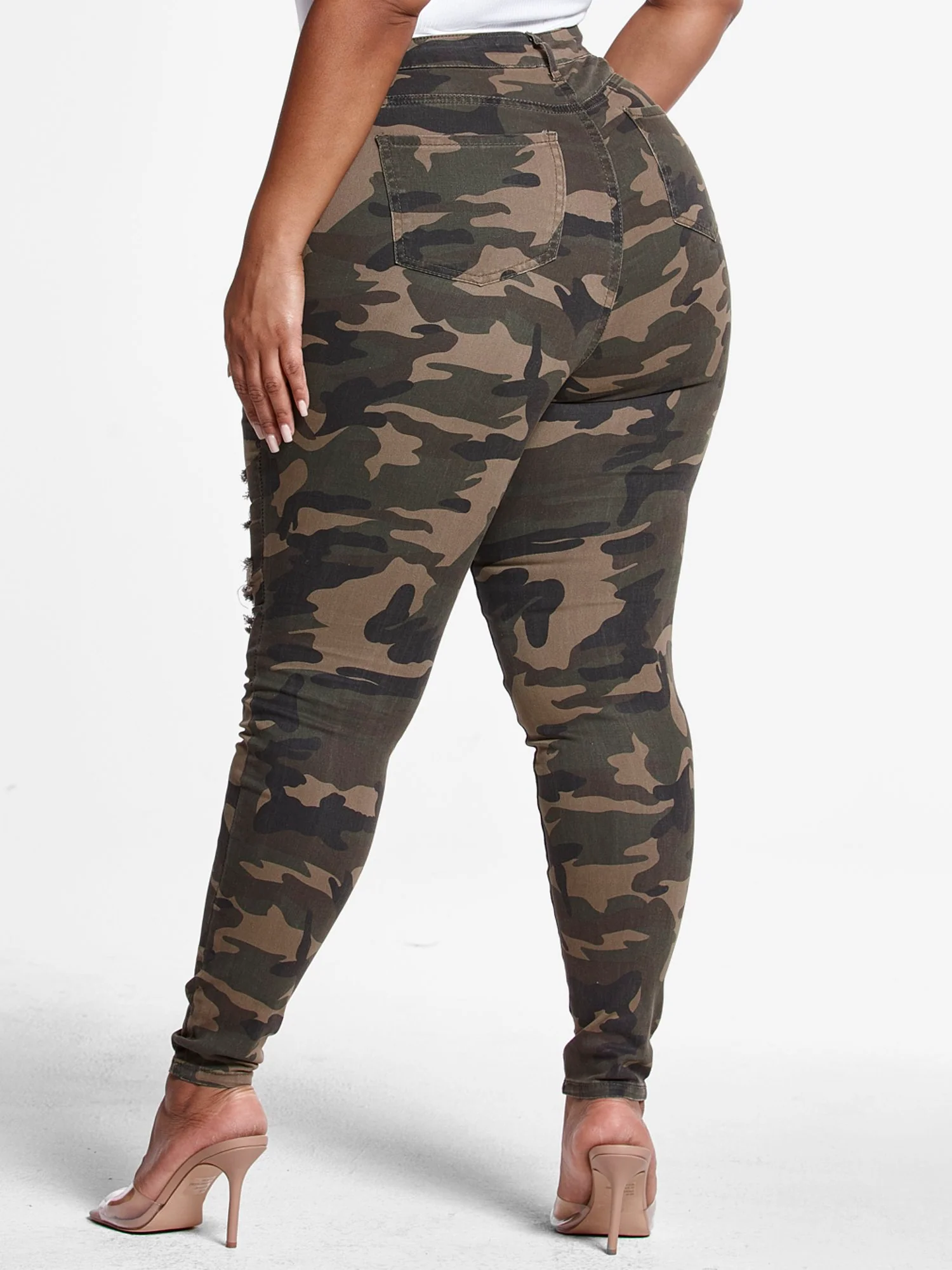 High-Rise Super Skinny Destructed Jeans in Green Camo - Short Inseam - Image 3