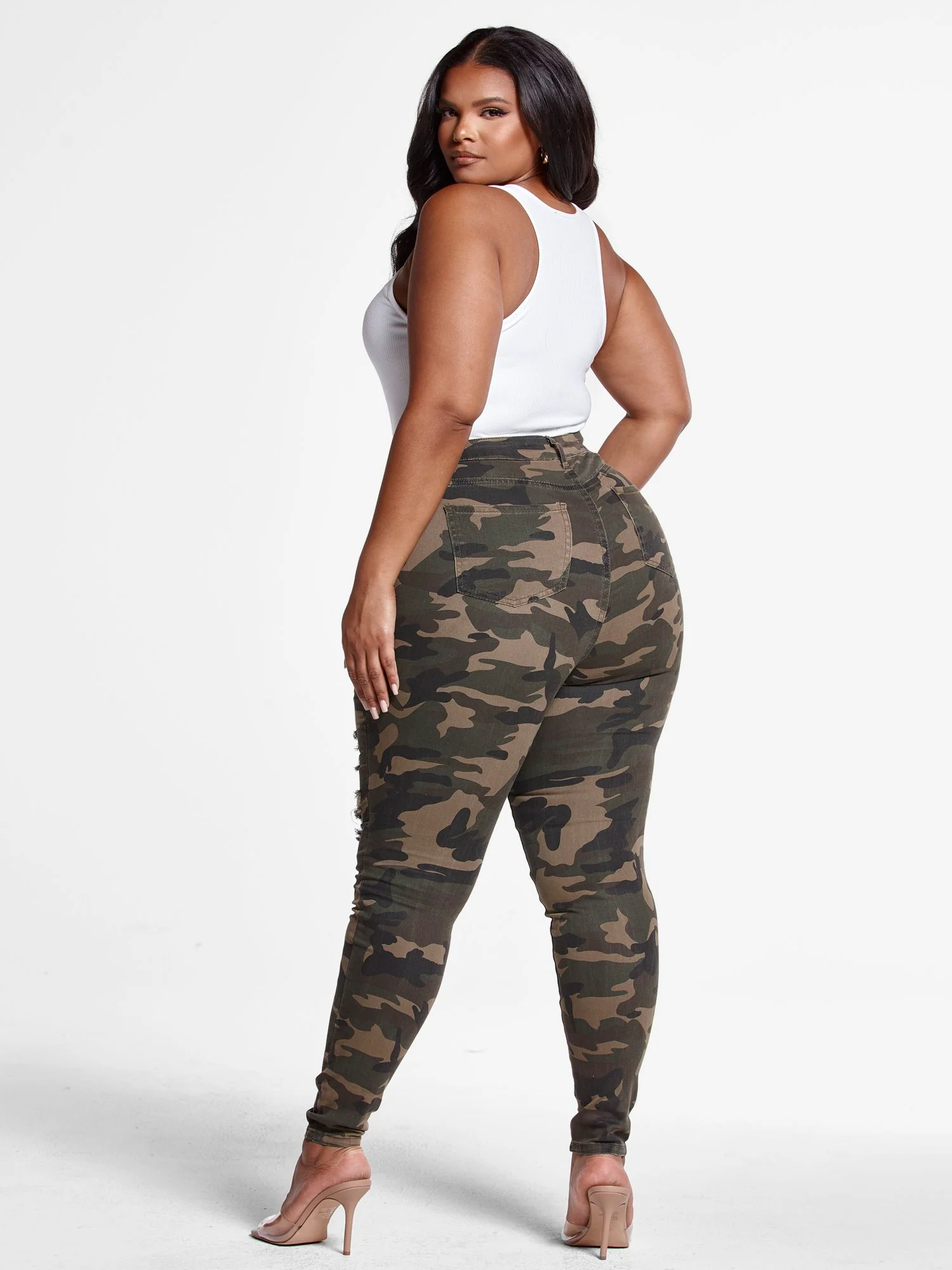 High-Rise Super Skinny Destructed Jeans in Green Camo - Short Inseam - Image 5