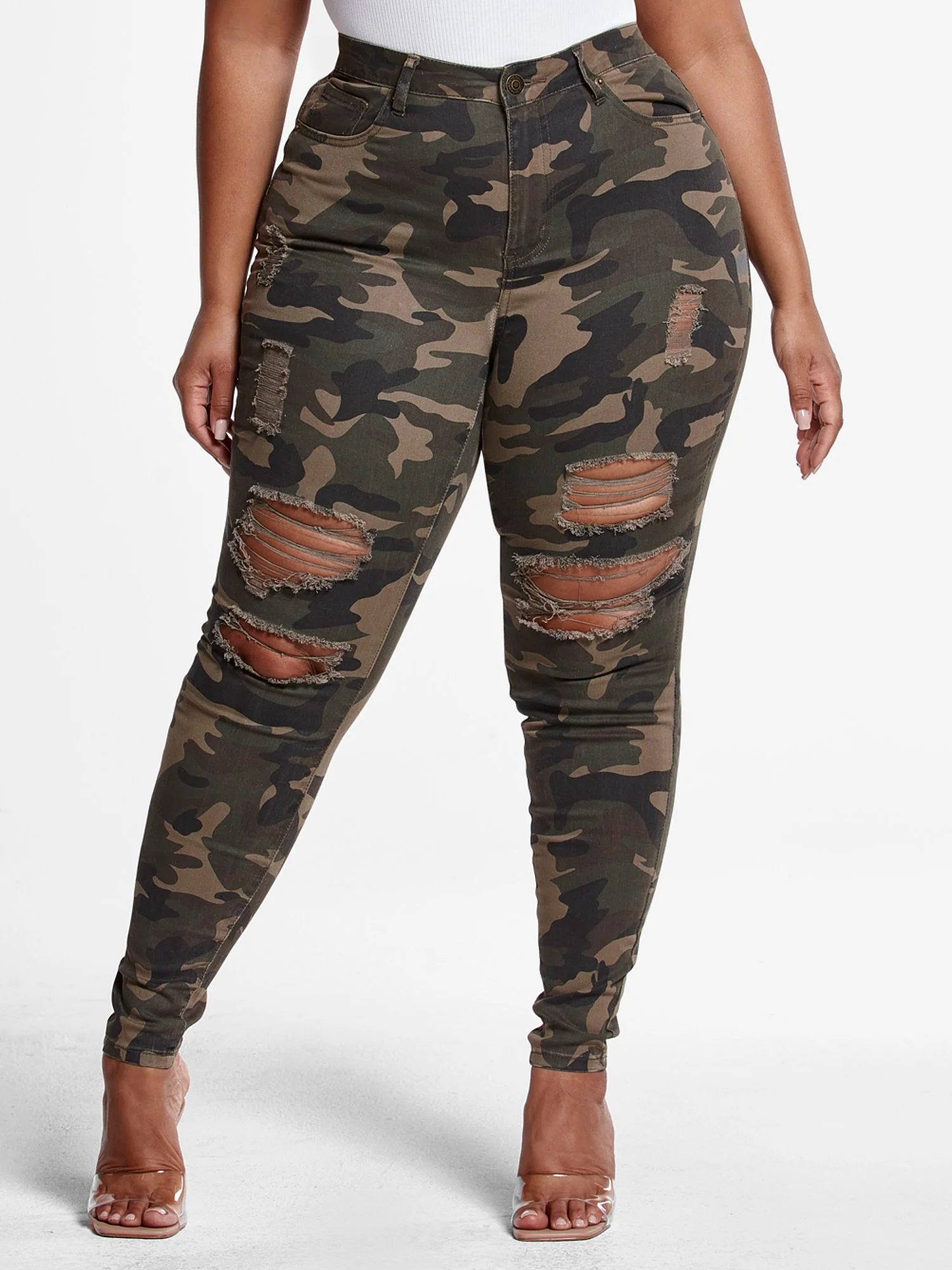 High-Rise Super Skinny Destructed Jeans in Green Camo - Tall Inseam - Image 2