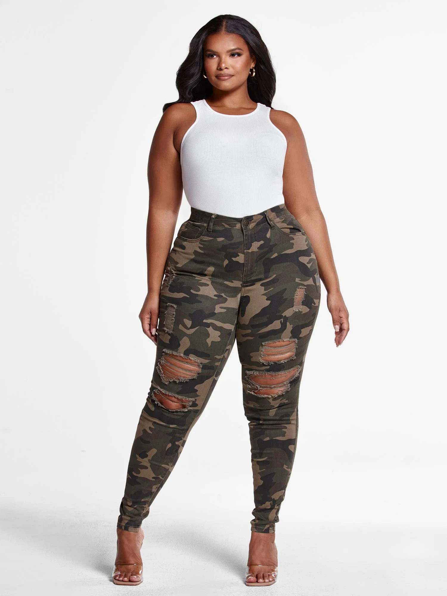 High-Rise Super Skinny Destructed Jeans in Green Camo - Tall Inseam - Image 4