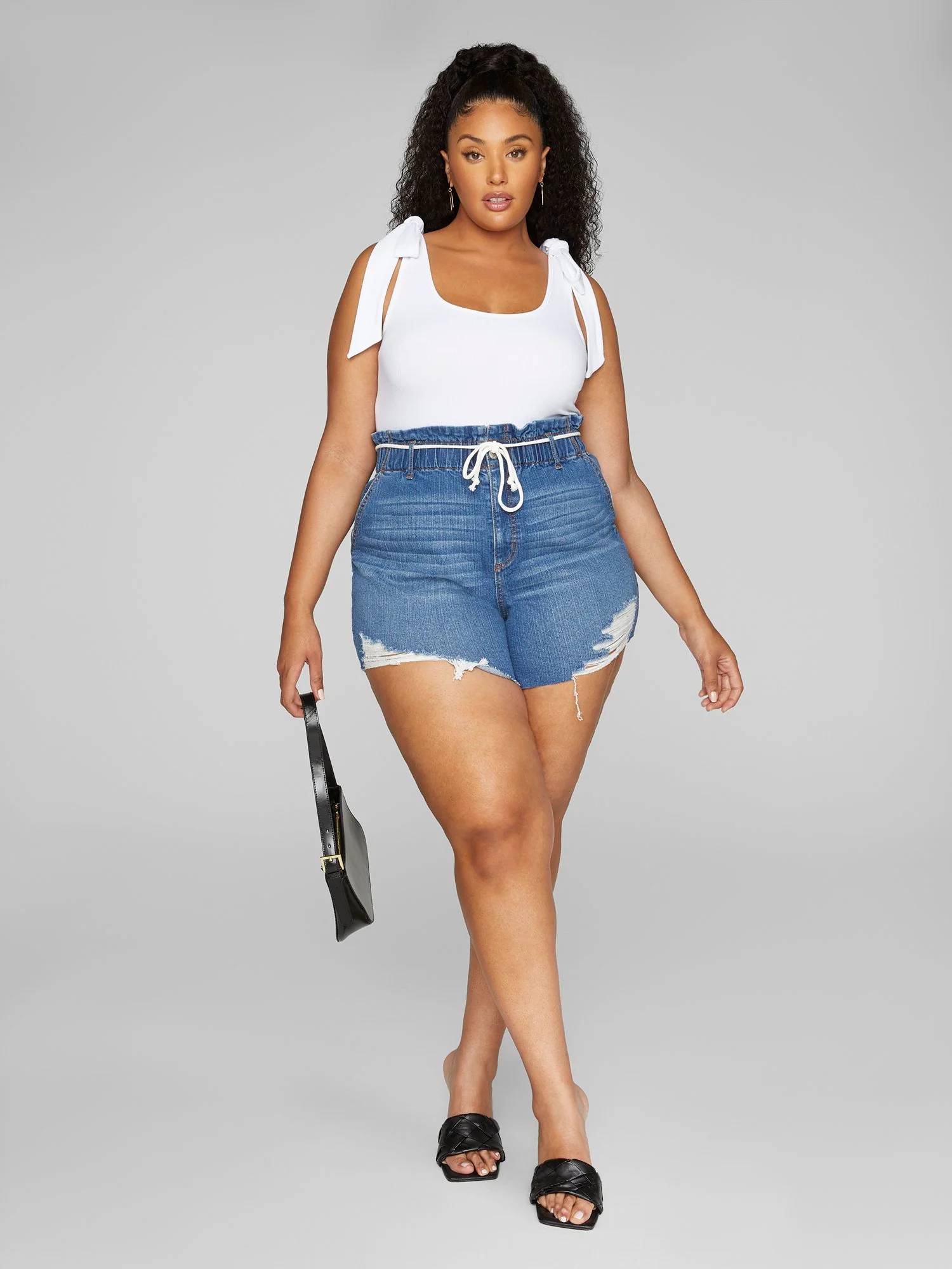 High Rise Tie Waist Denim Shorts - Image 2