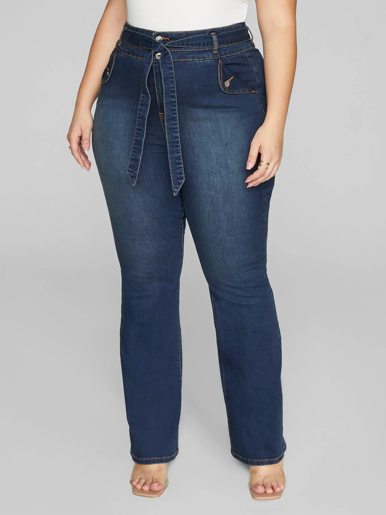 High Rise Tie Waist Flare Leg Jeans - Image 2