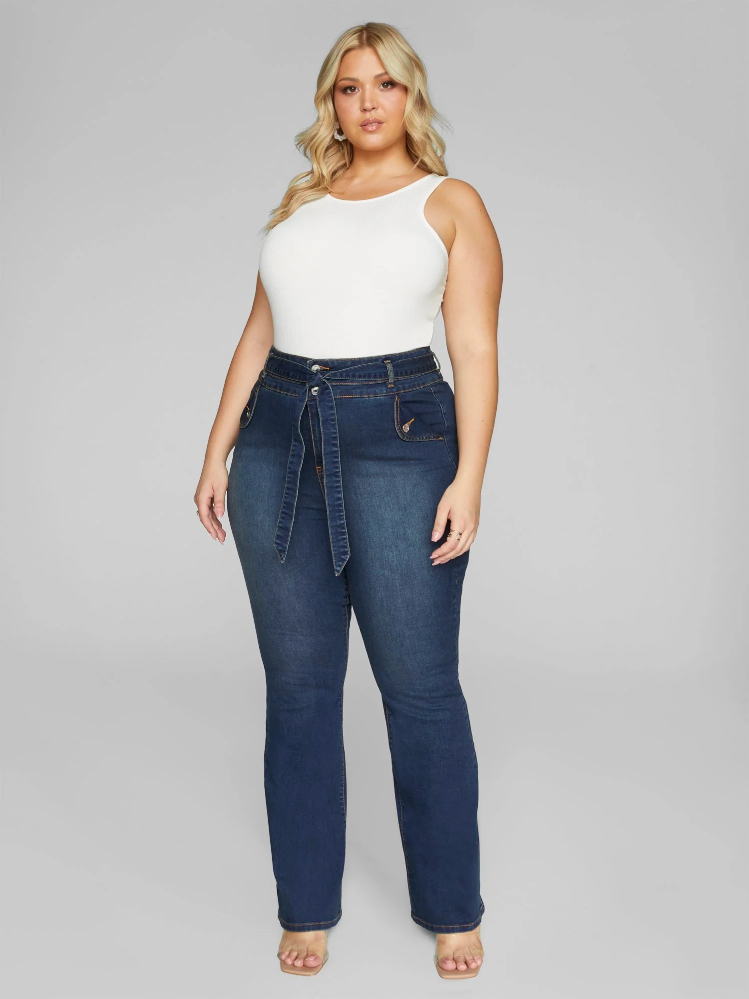 High Rise Tie Waist Flare Leg Jeans - Image 3