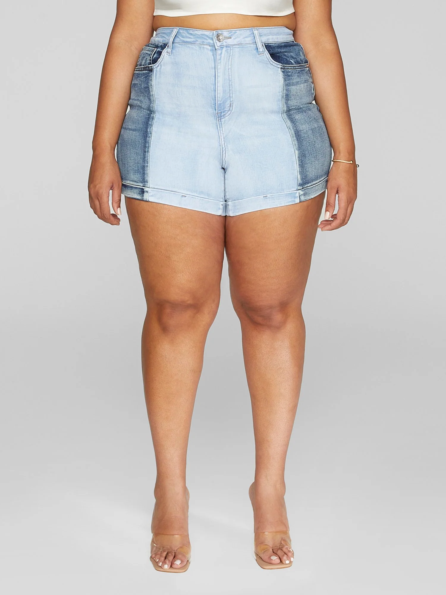 High Rise Two Tone Denim Shorts - Image 2
