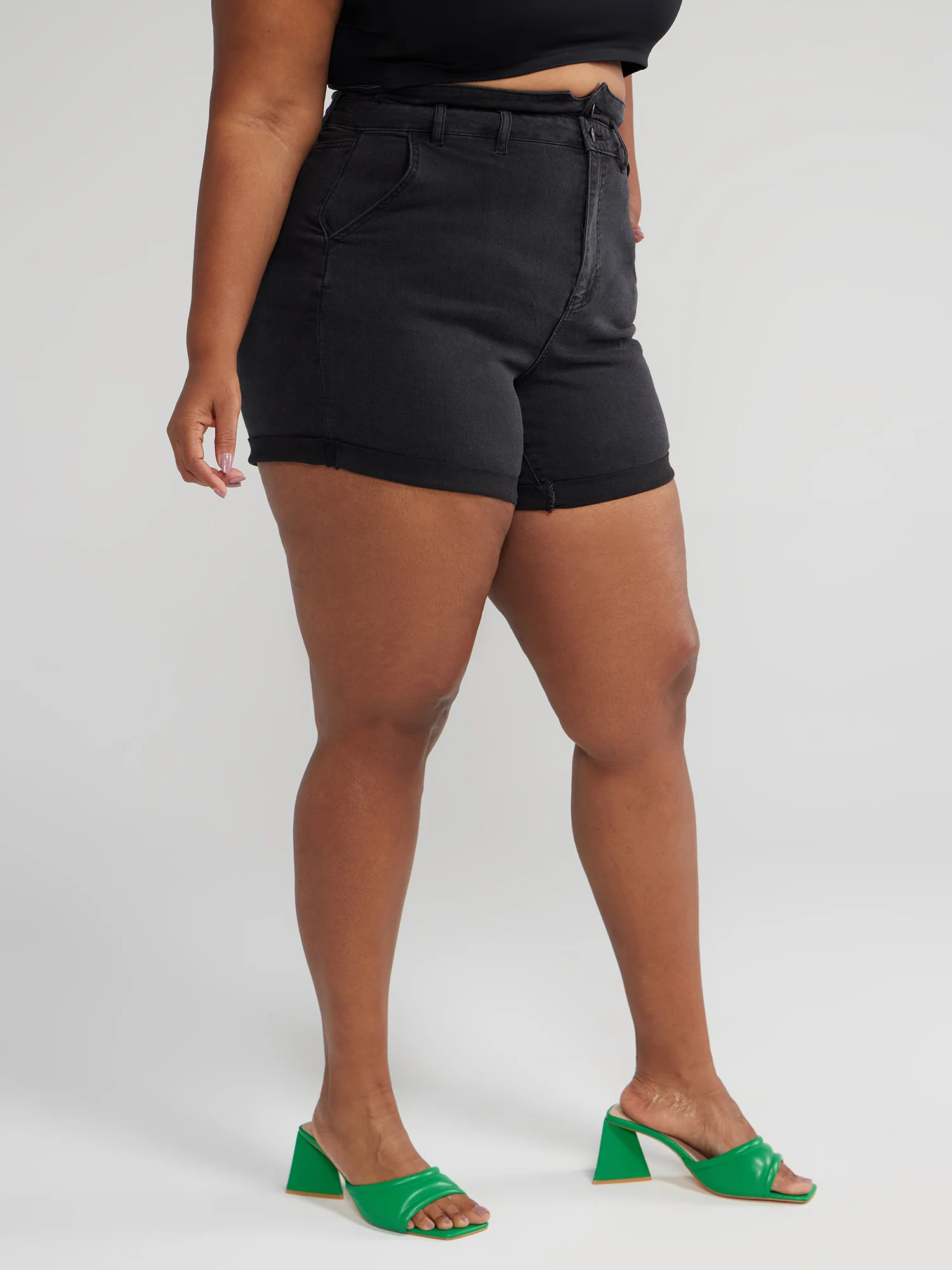 High Waisted Cuffed Denim Shorts - Image 3
