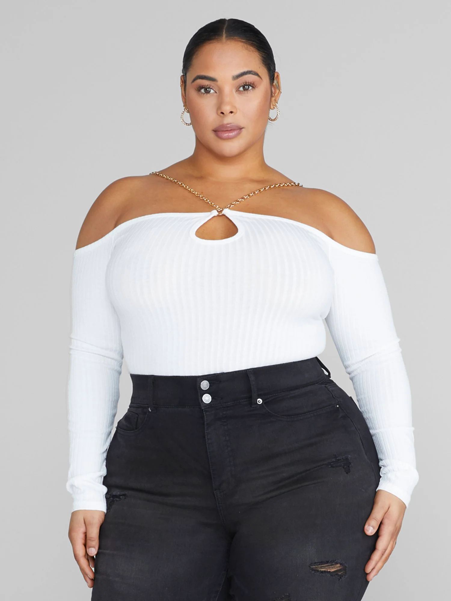 Janine Off-The-Shoulder Chain Strap Knit Top - Image 2