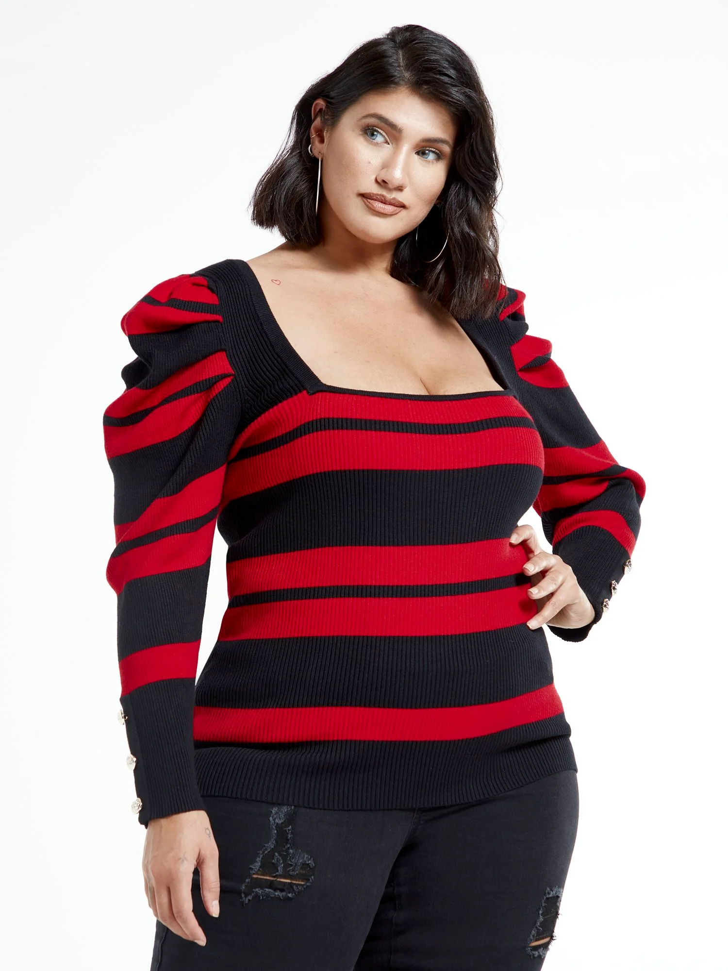 Kara Puff Sleeve Striped Square Neck Top - Image 2