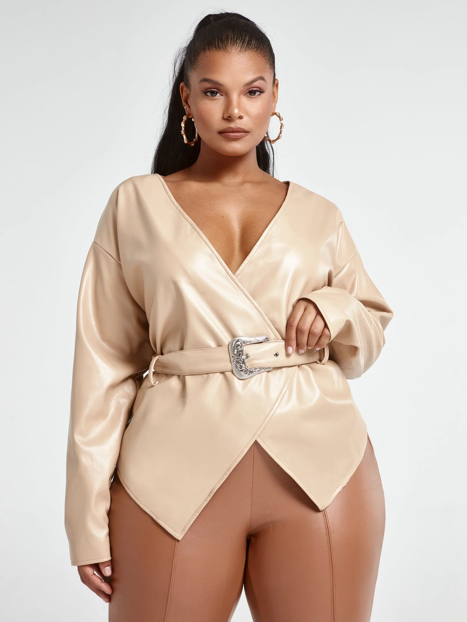 Karine Faux Leather Belted Wrap Jacket - Image 2
