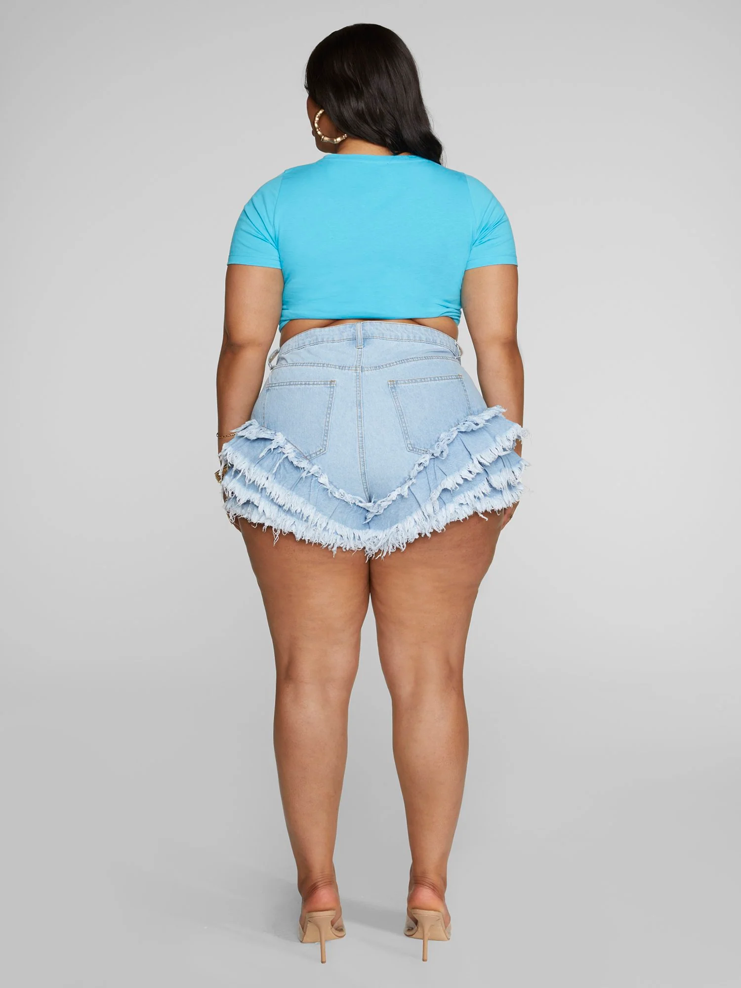 Light Wash Fringe Denim Shorts - Image 4