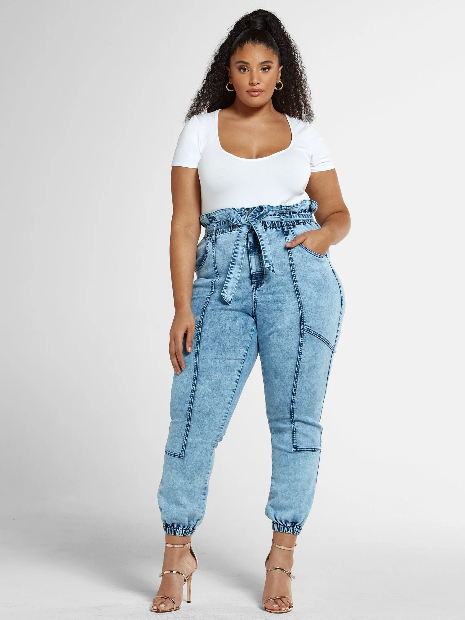 Light Wash High Rise Paperbag Waist Jogger Jeans - Image 4