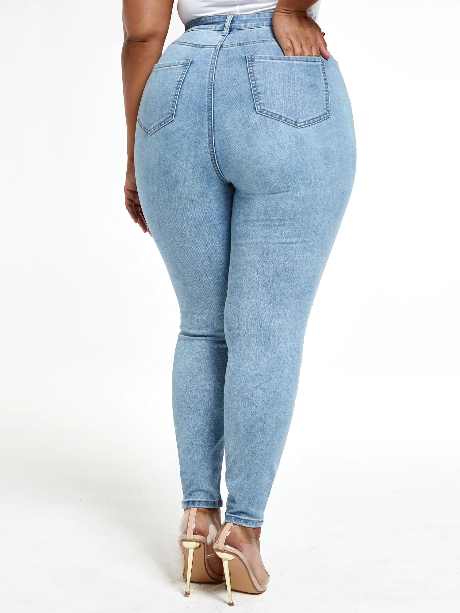 Light Wash High Rise Rhinestone Skinny Jeans - Short Inseam - Image 3