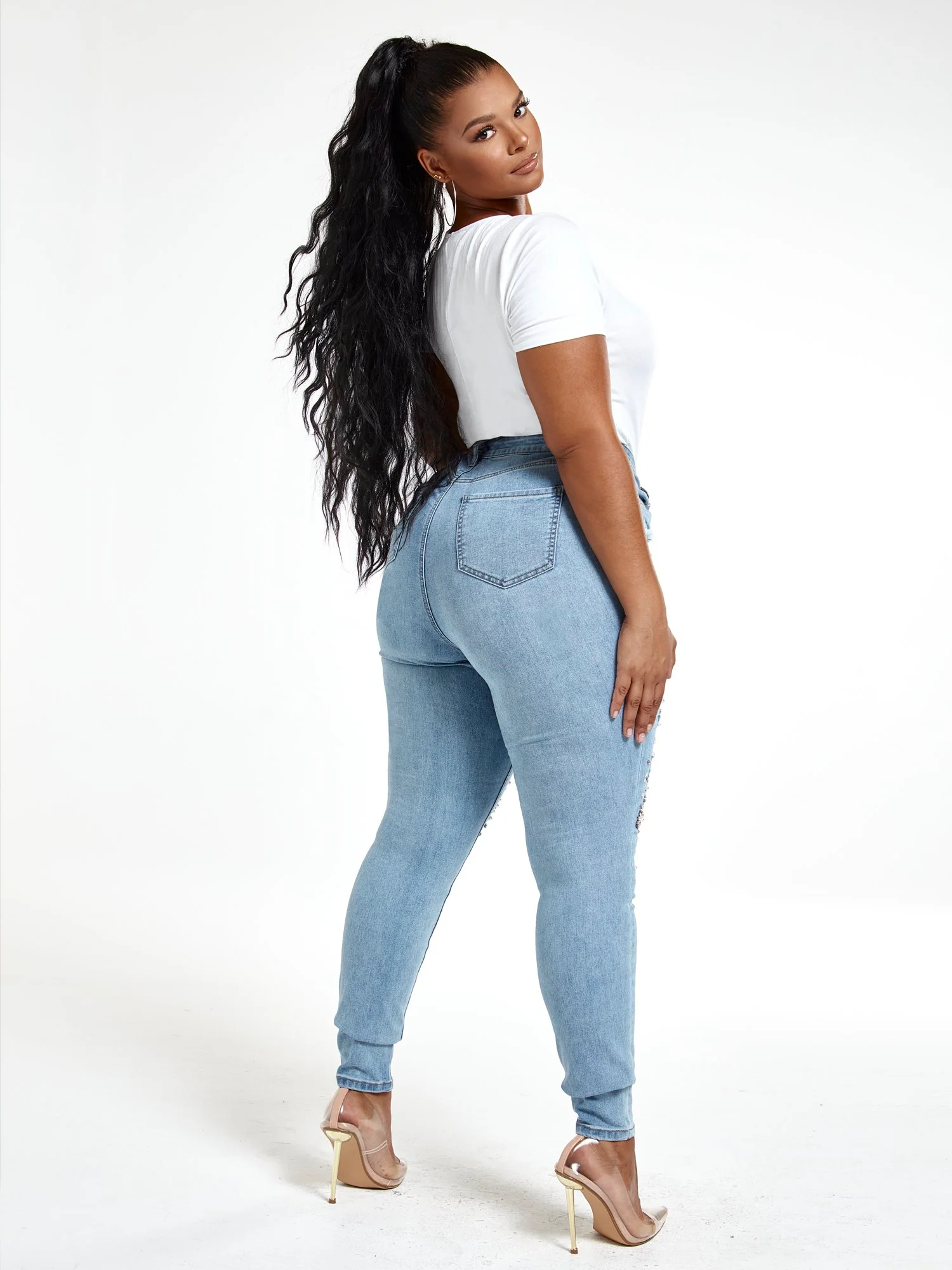 Light Wash High Rise Rhinestone Skinny Jeans - Short Inseam - Image 5