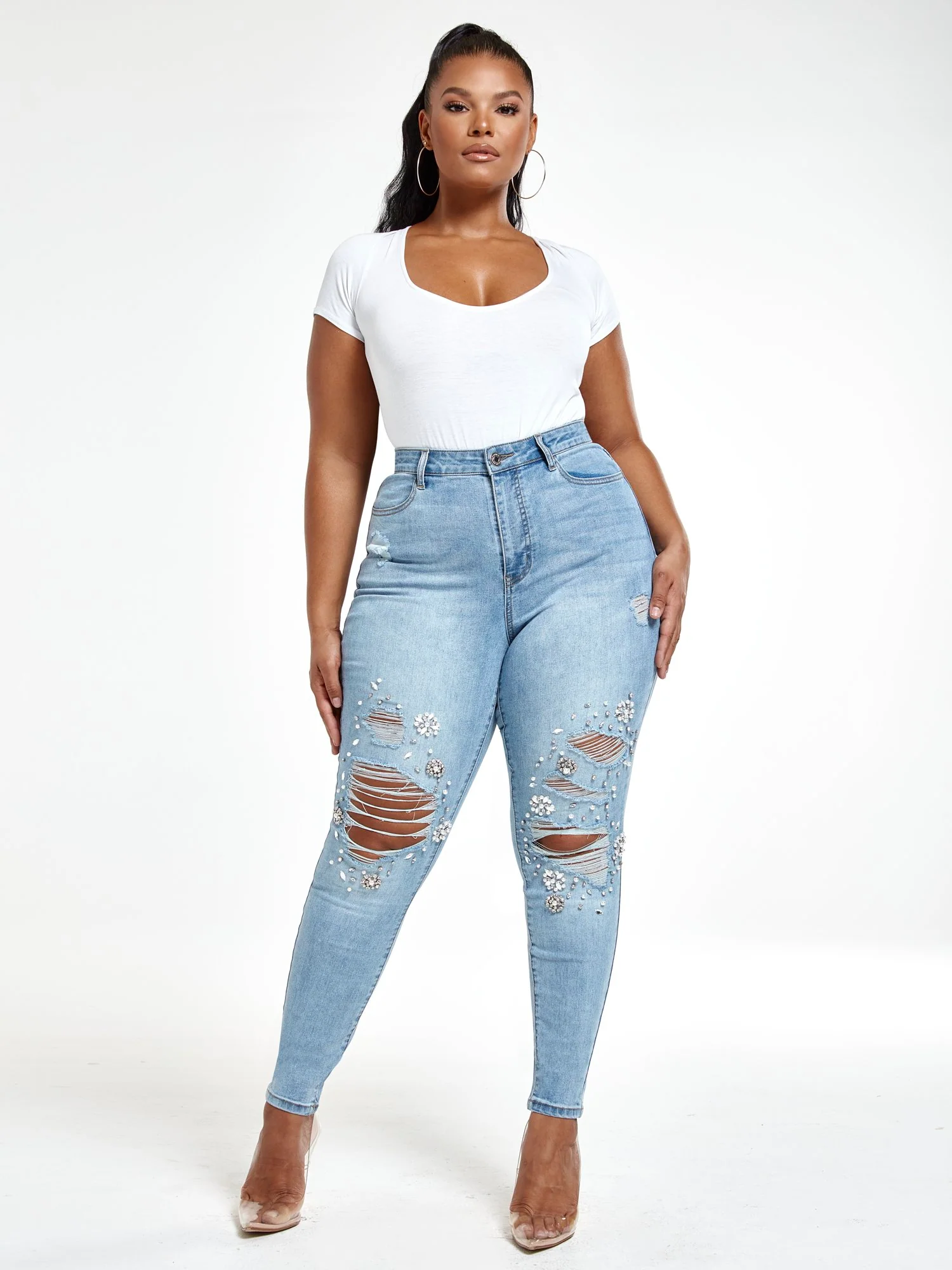Light Wash High Rise Rhinestone Skinny Jeans - Short Inseam - Image 6