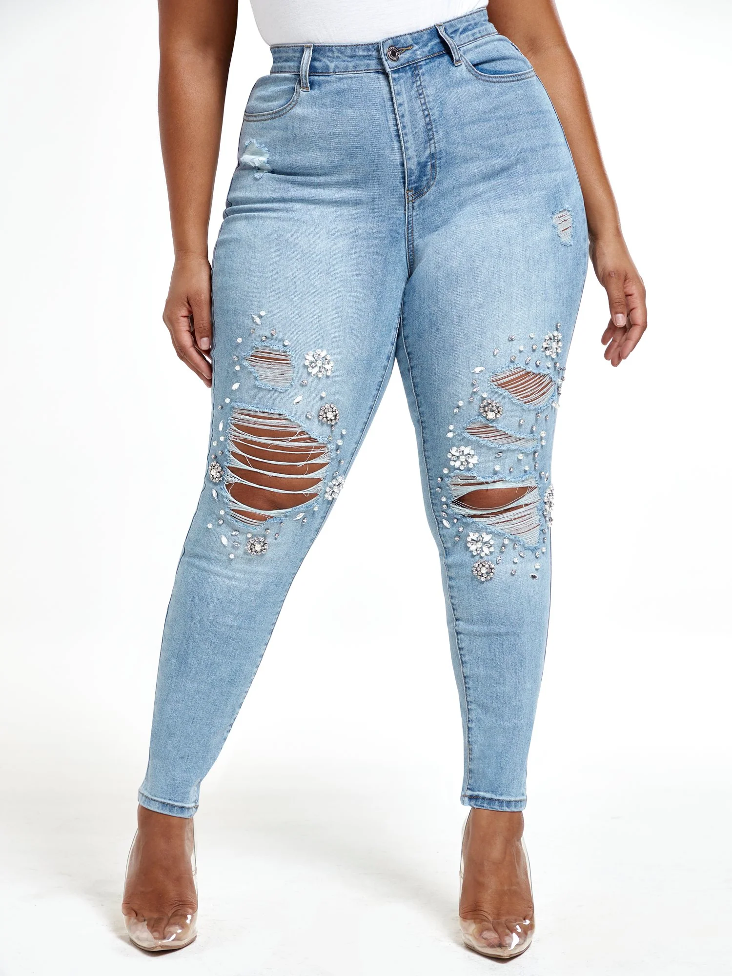 Light Wash High Rise Rhinestone Skinny Jeans - Tall Inseam - Image 2