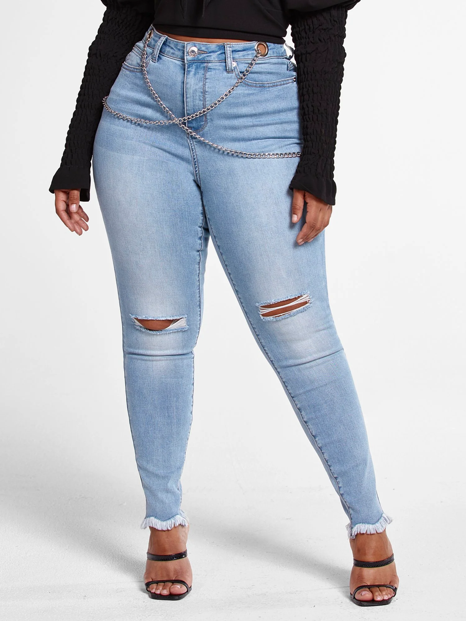 Light Wash High Rise Skinny Jeans with Chain Detail - Image 2