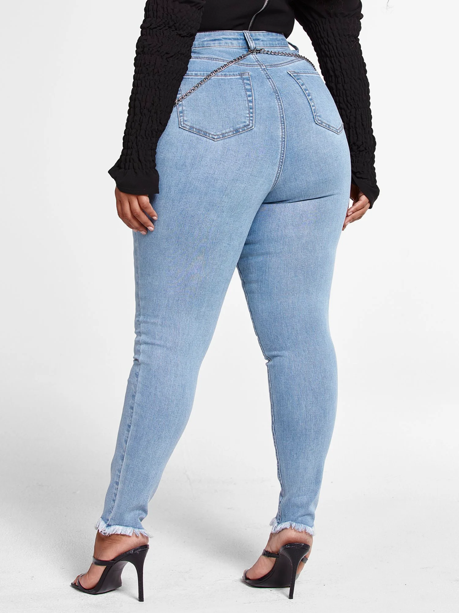 Light Wash High Rise Skinny Jeans with Chain Detail - Image 3