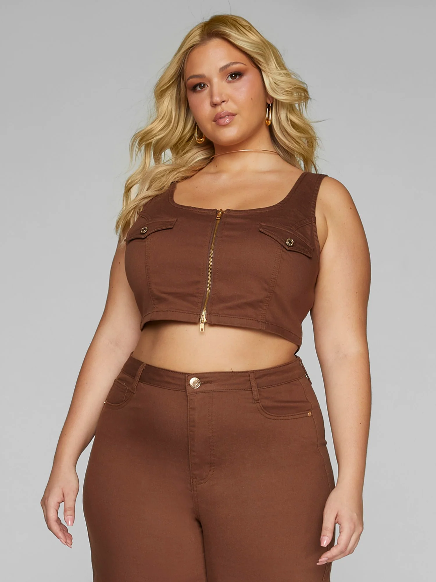 Lola Zip Front Denim Crop Top - Image 2