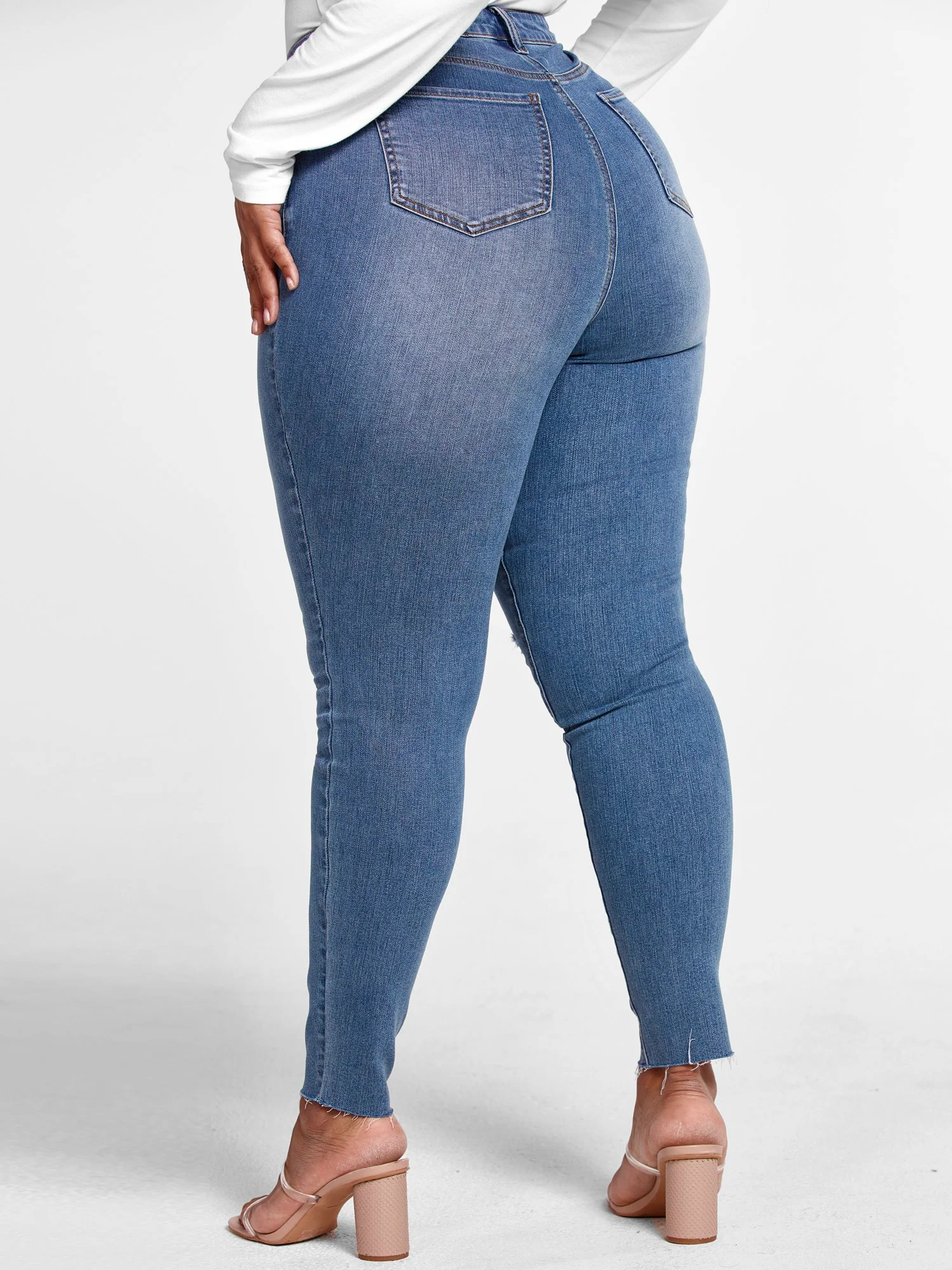 Medium Wash High Rise Button Fly Skinny Jeans - Short Inseam - Image 3
