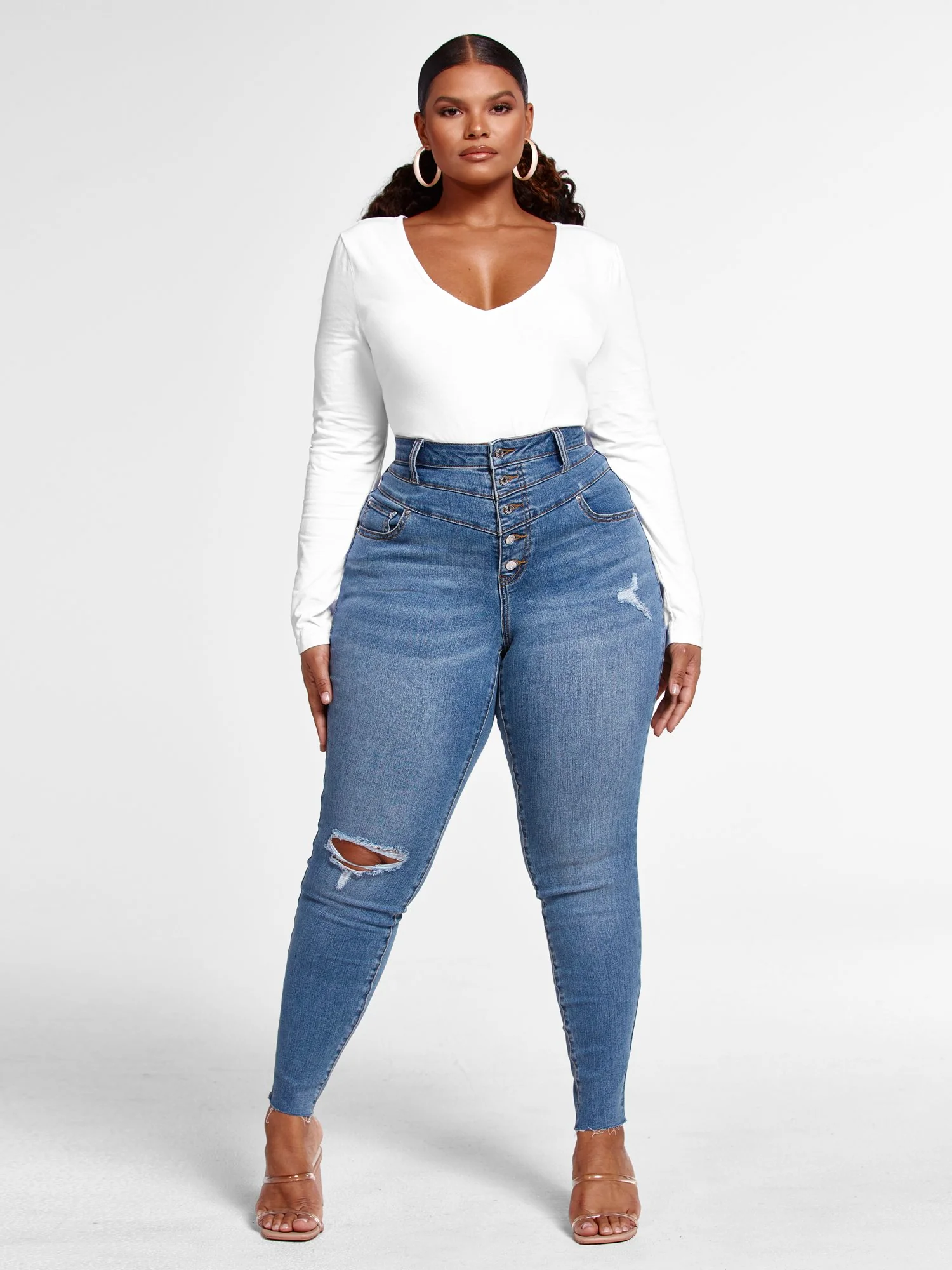 Medium Wash High Rise Button Fly Skinny Jeans - Short Inseam - Image 5
