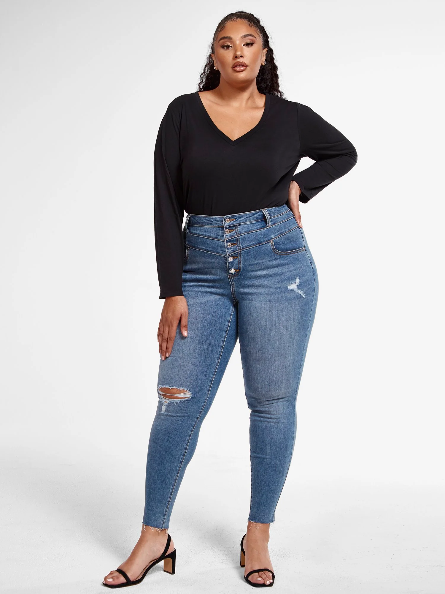 Medium Wash High Rise Button Fly Skinny Jeans - Short Inseam - Image 6