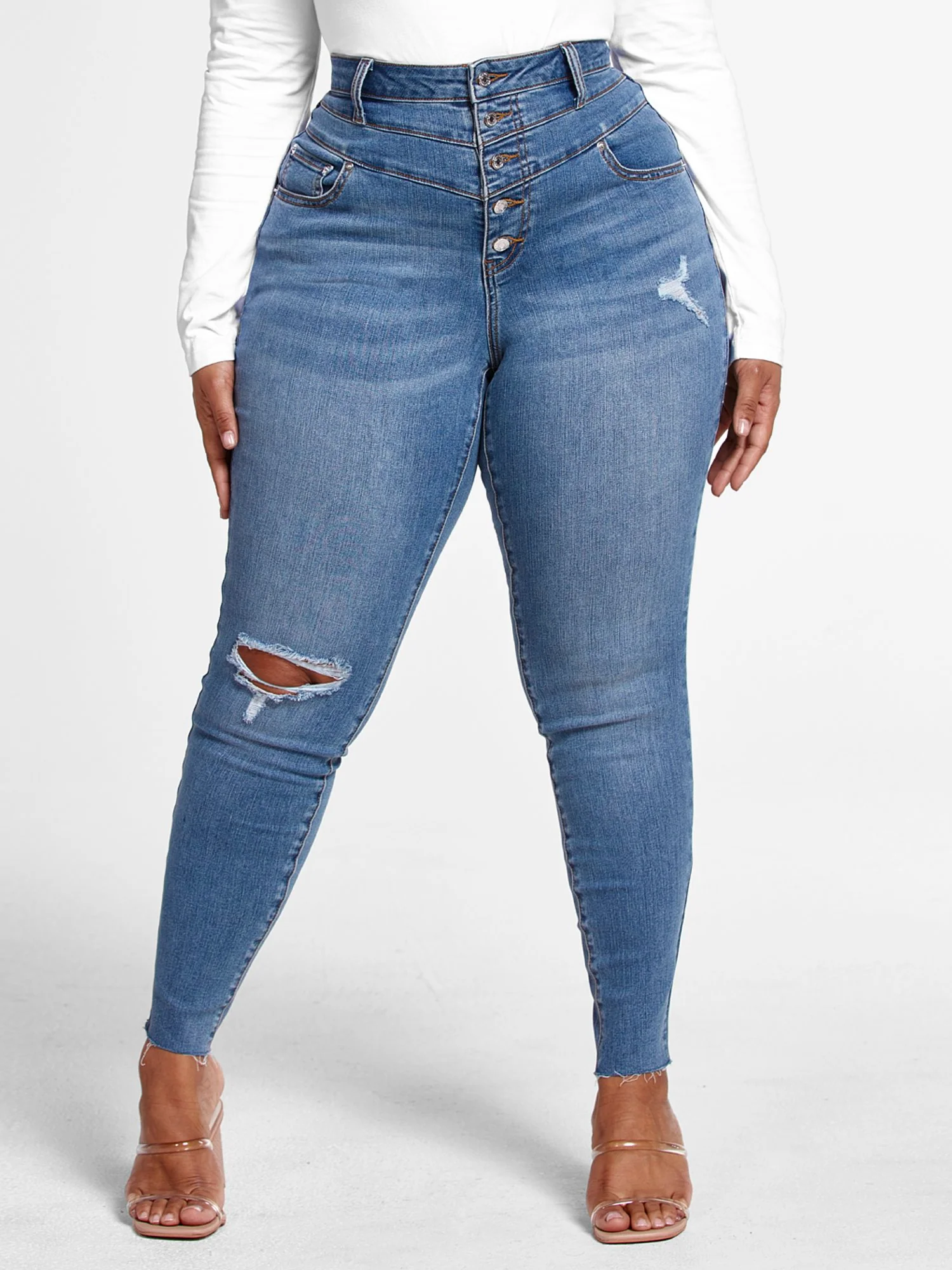 Medium Wash High Rise Button Fly Skinny Jeans - Tall Inseams - Image 2