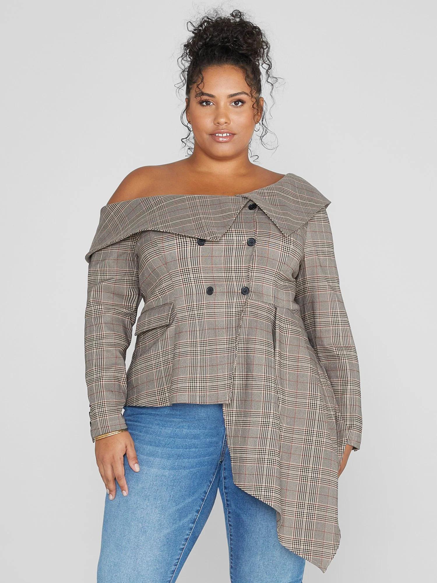 Melena Plaid Asymmetrical Hem Blazer Top - Image 2