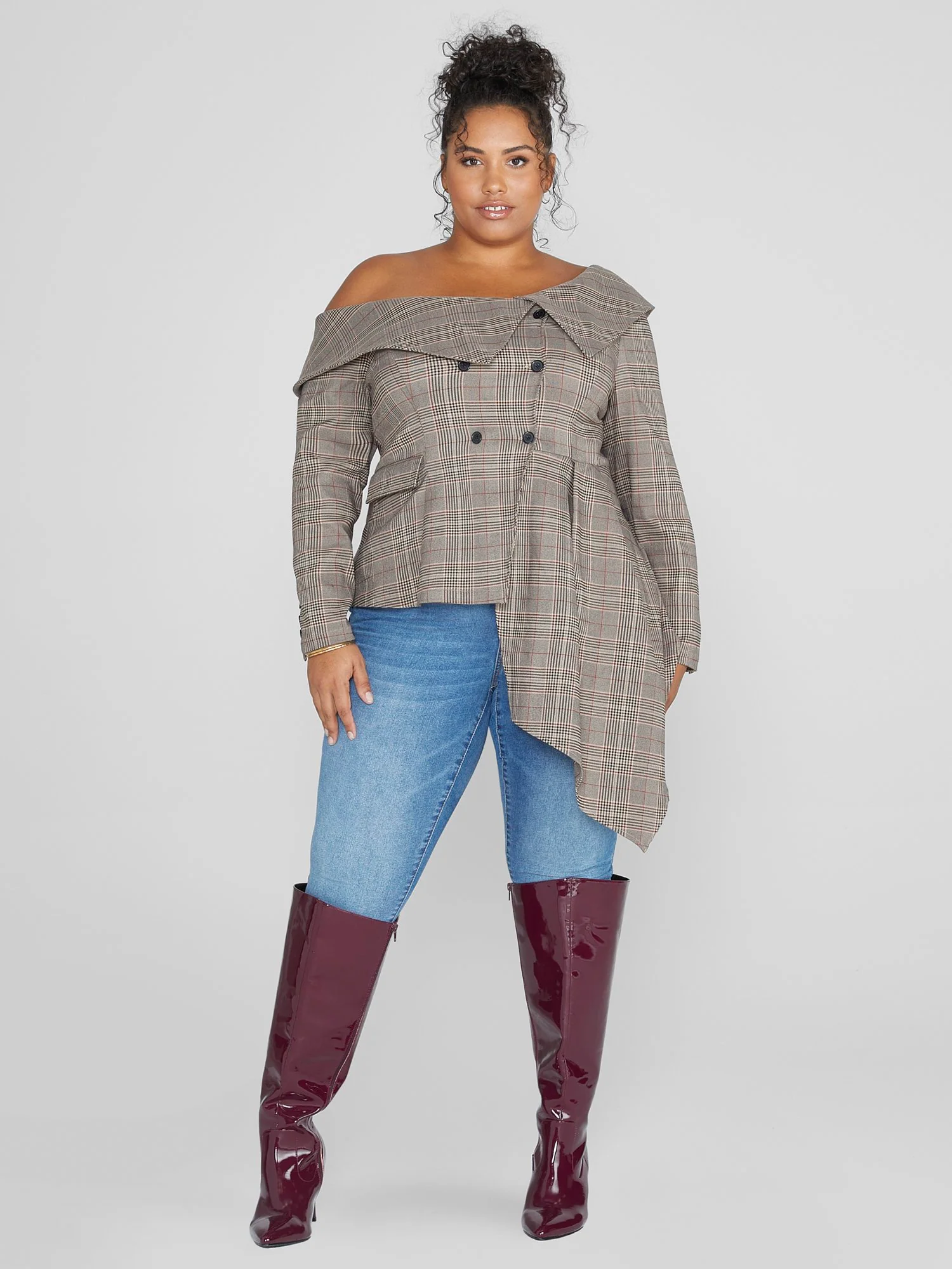 Melena Plaid Asymmetrical Hem Blazer Top - Image 3